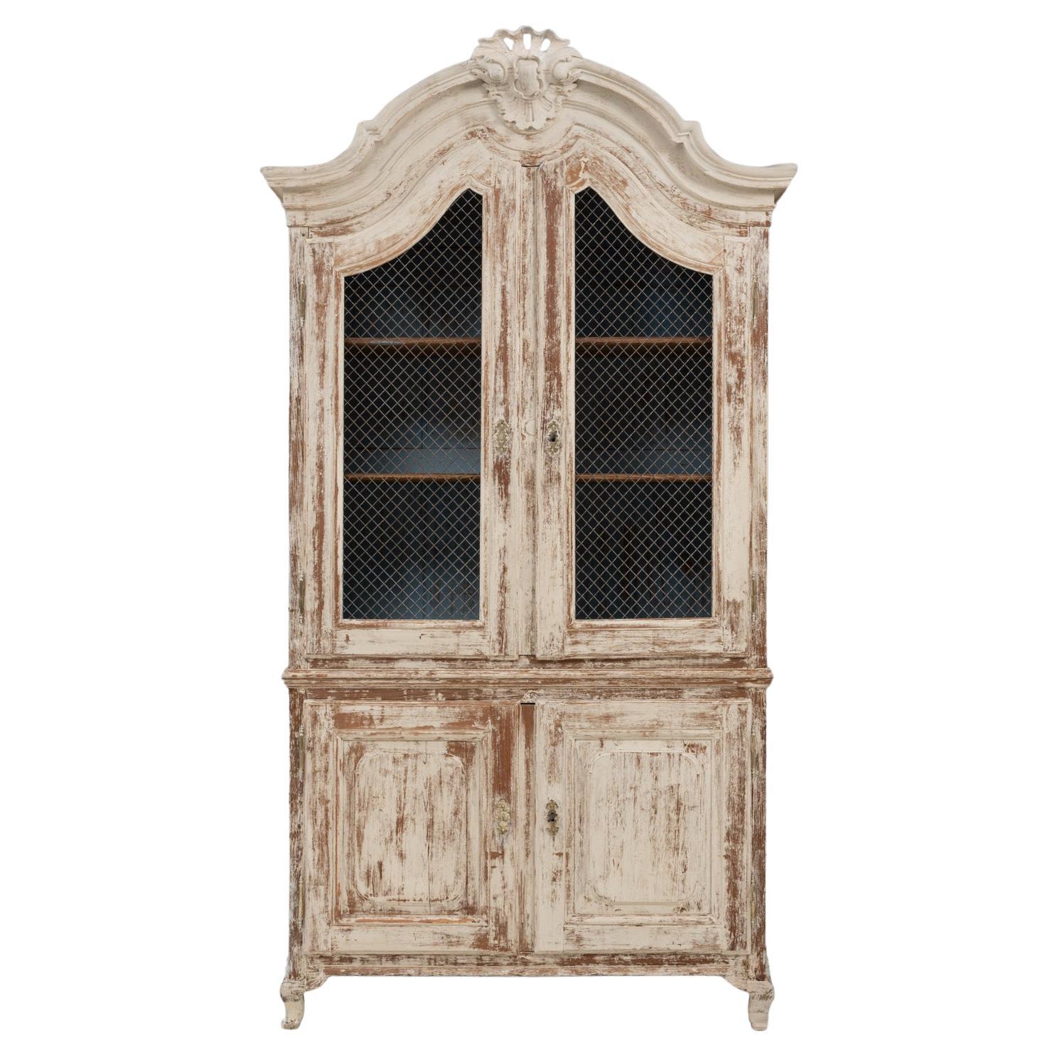Siglo XIX Armario francés Luis XV de madera patinada con puertas de alambre