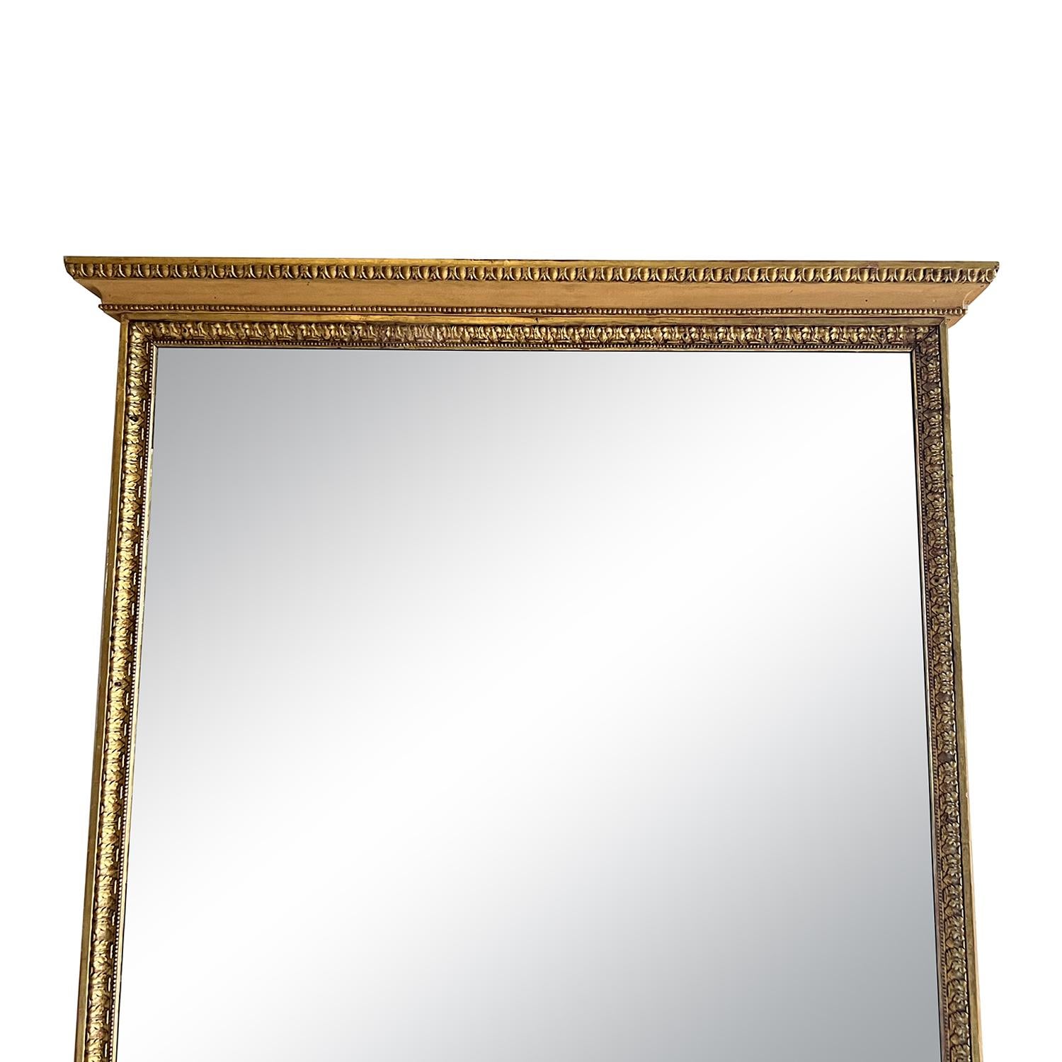 Hand-Carved 19th Century French Louis XVI Antique Gilted Pinewood Trumeau Glass Mirror For Sale