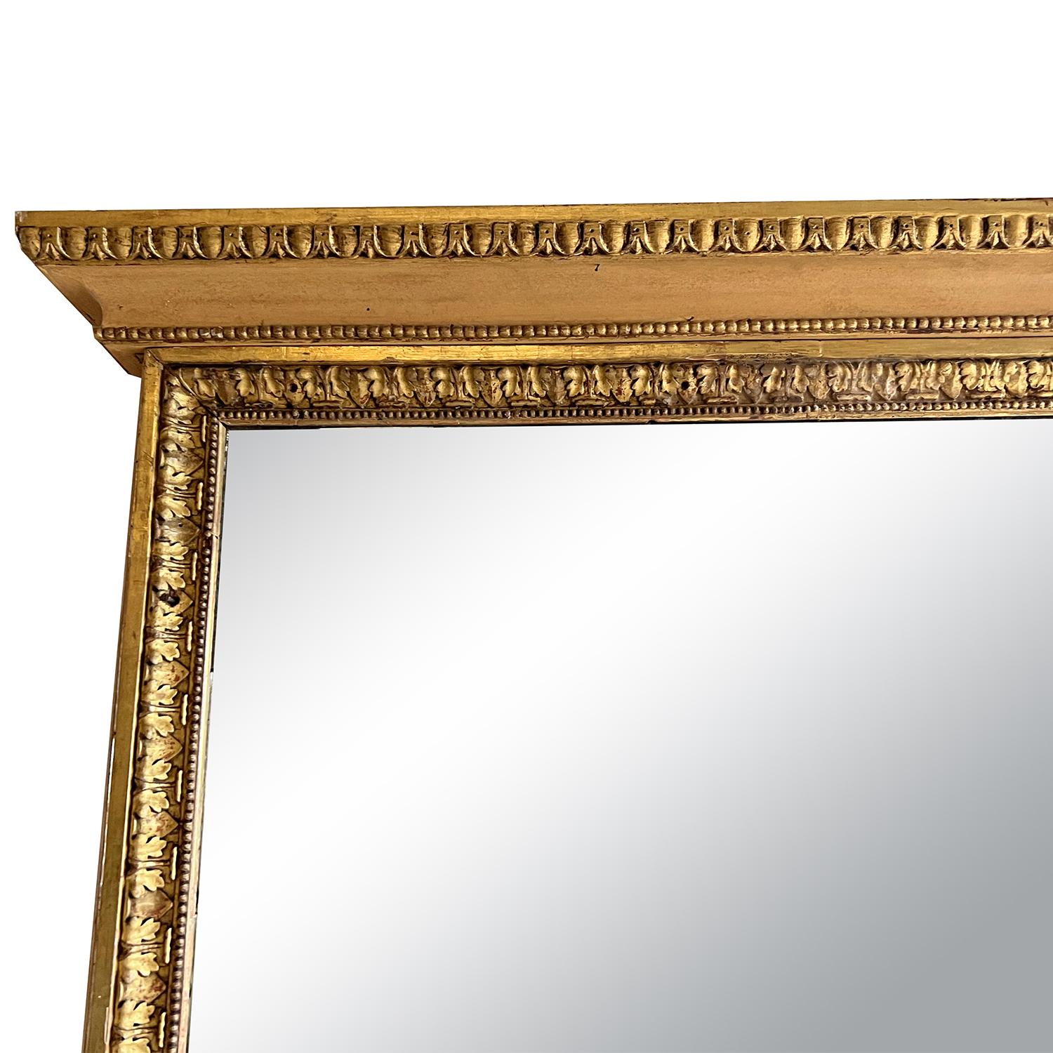 19th Century French Louis XVI Antique Gilted Pinewood Trumeau Glass Mirror In Good Condition For Sale In West Palm Beach, FL