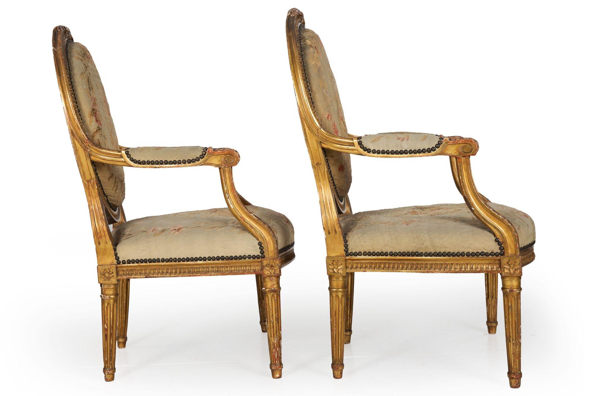 19th Century French Louis XVI Antique Giltwood Arm Chairs w/ Aubusson In Good Condition In Shippensburg, PA