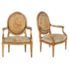 19th Century French Louis XVI Antique Giltwood Arm Chairs w/ Aubusson