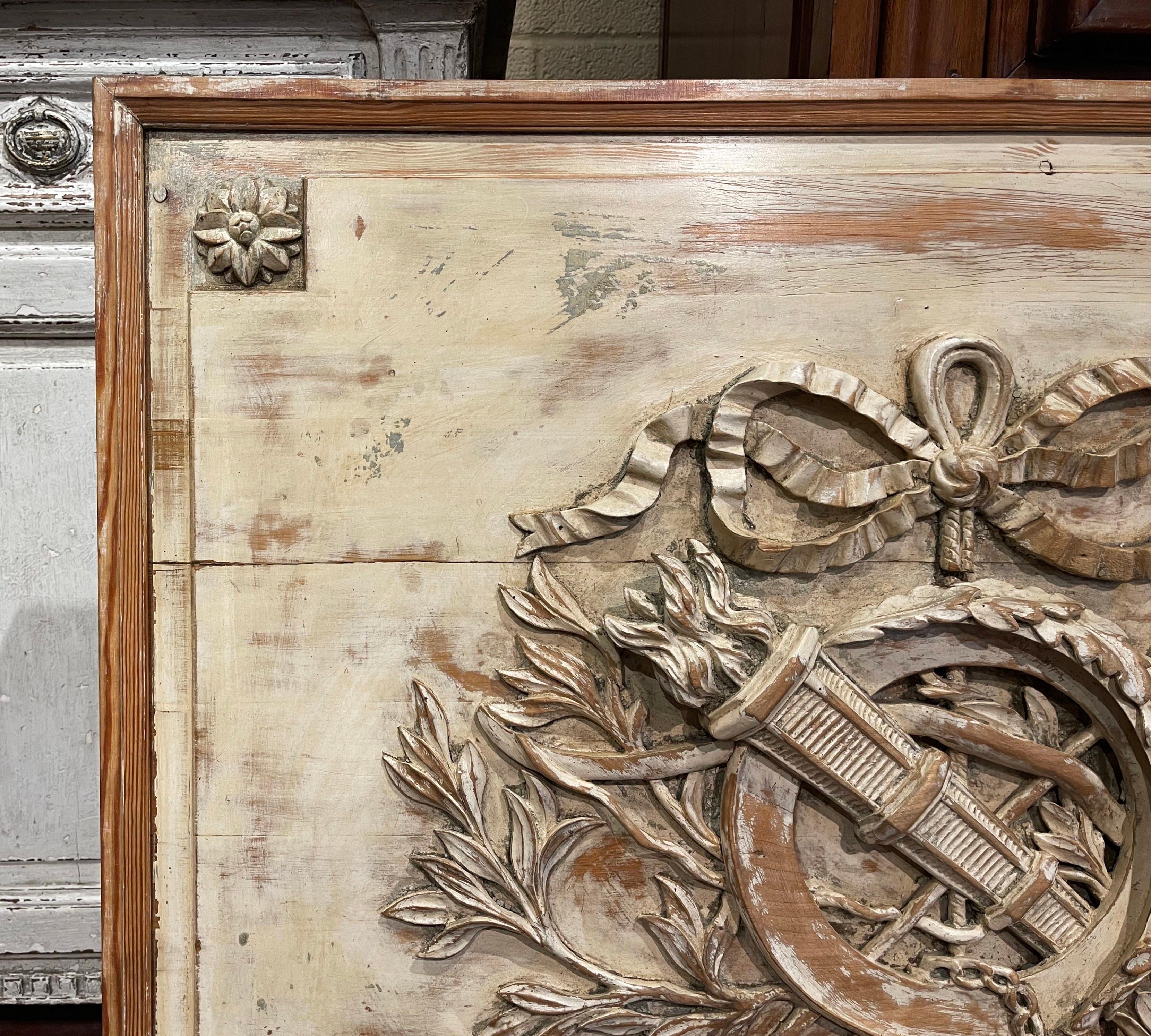 19th Century French Louis XVI Architectural Framed Carved & Painted Wall Panel In Good Condition In Dallas, TX