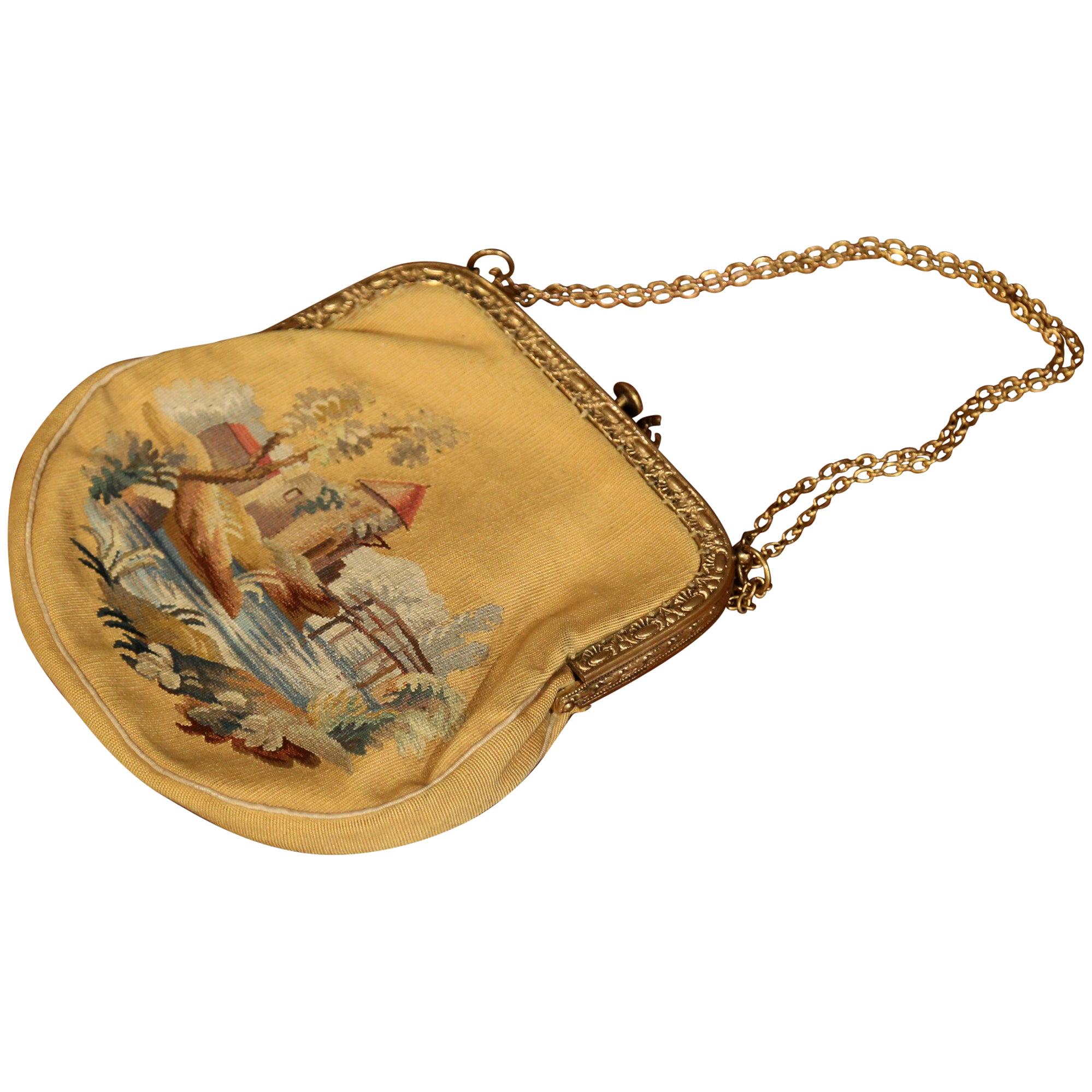 19th Century French Louis XVI Aubusson Ladies Purse with Brass Strap and Lock For Sale