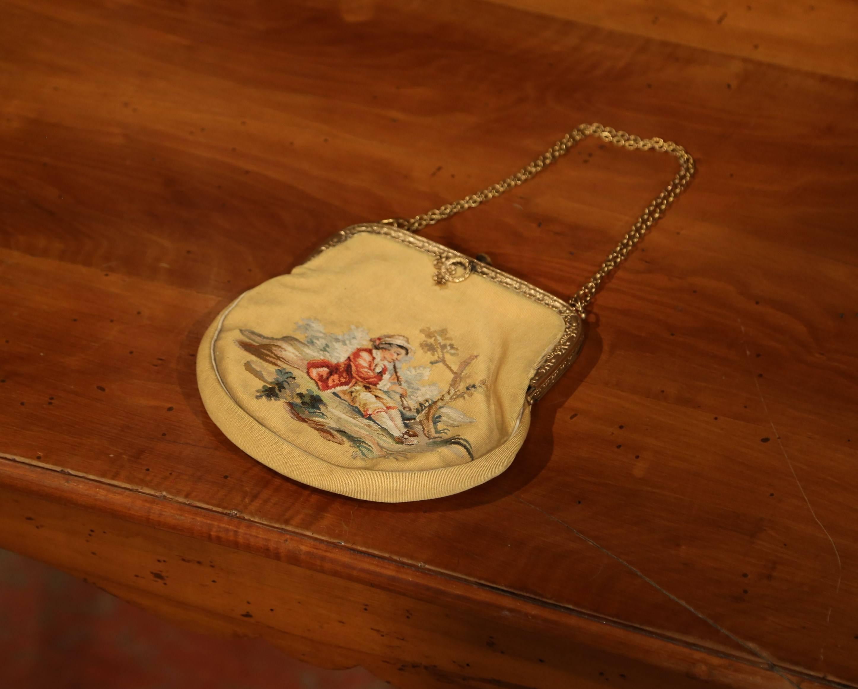 Hand-Crafted 19th Century French Louis XVI Aubusson Ladies Purse with Brass Strap and Lock For Sale