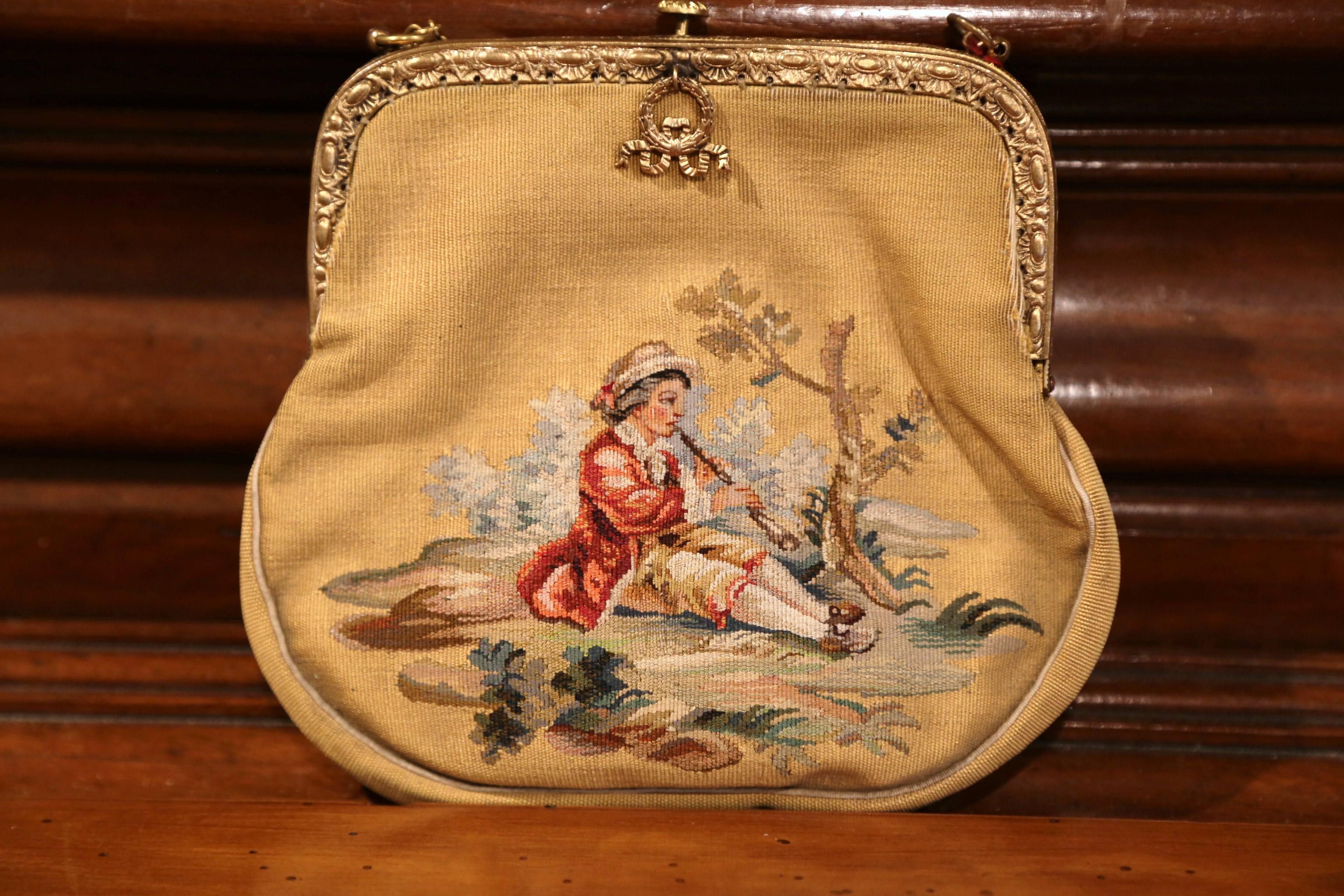 19th Century French Louis XVI Aubusson Ladies Purse with Brass Strap and Lock In Excellent Condition For Sale In Dallas, TX