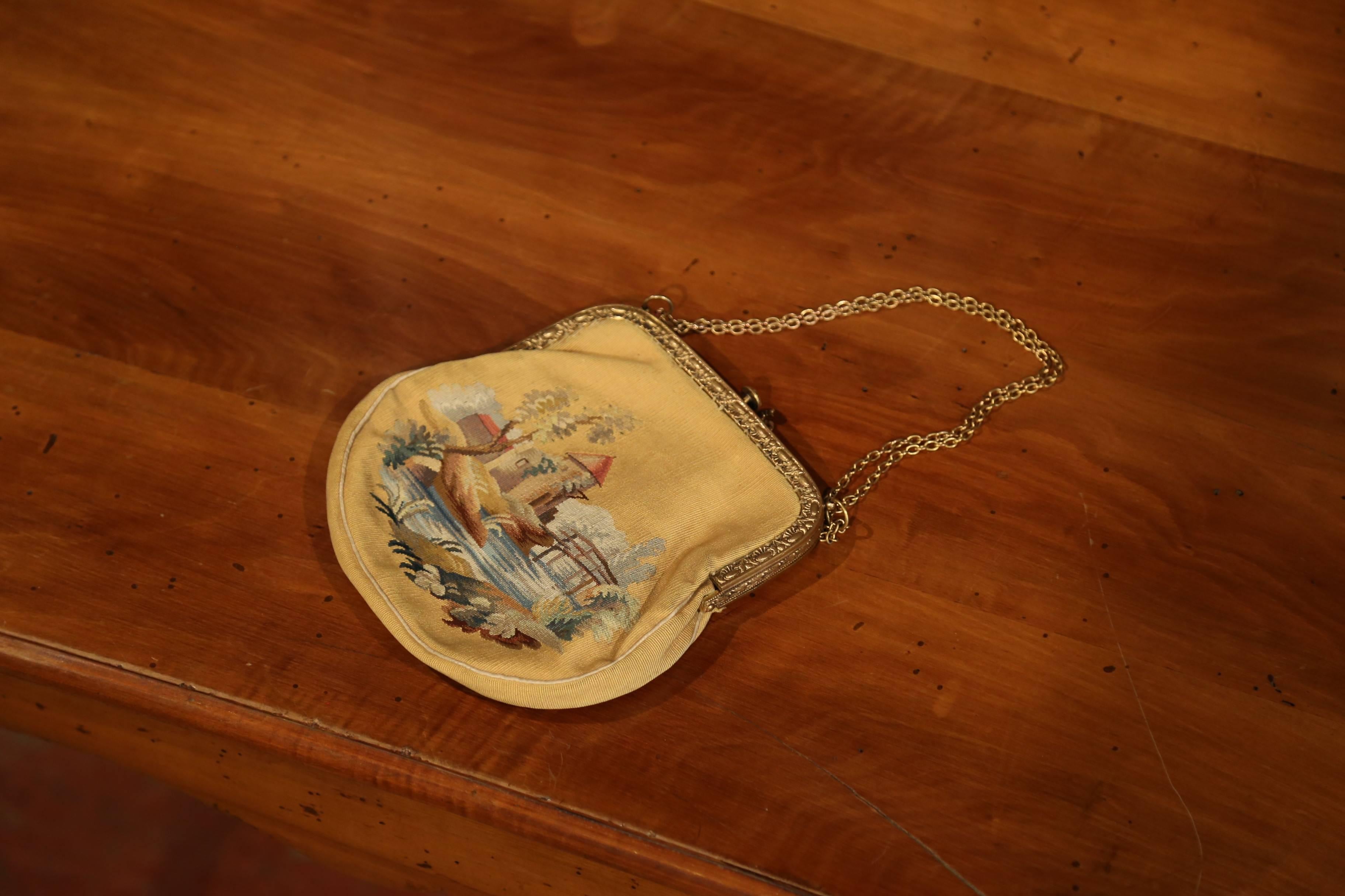 19th Century French Louis XVI Aubusson Ladies Purse with Brass Strap and Lock For Sale 1
