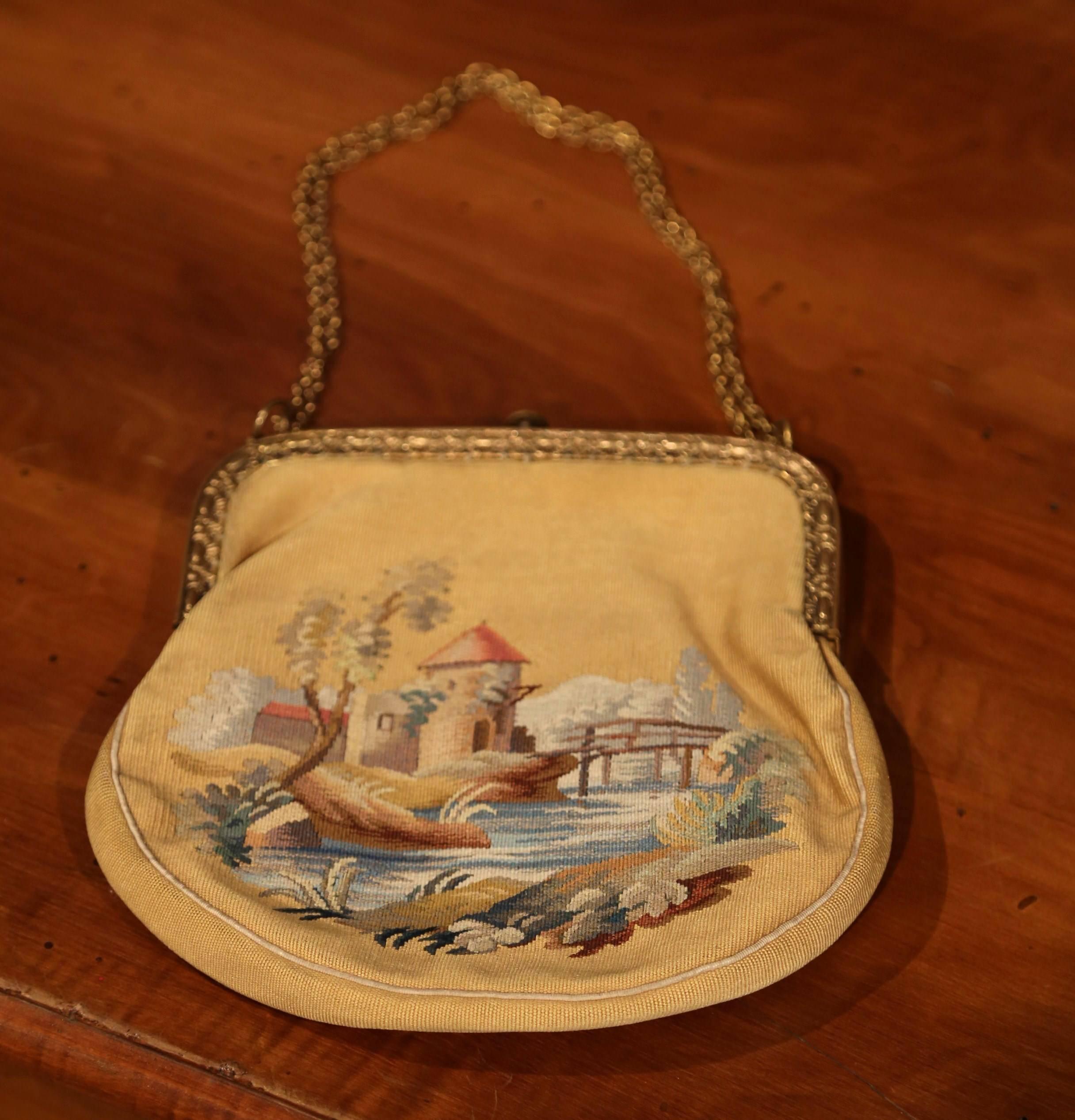 19th Century French Louis XVI Aubusson Ladies Purse with Brass Strap and Lock For Sale 2