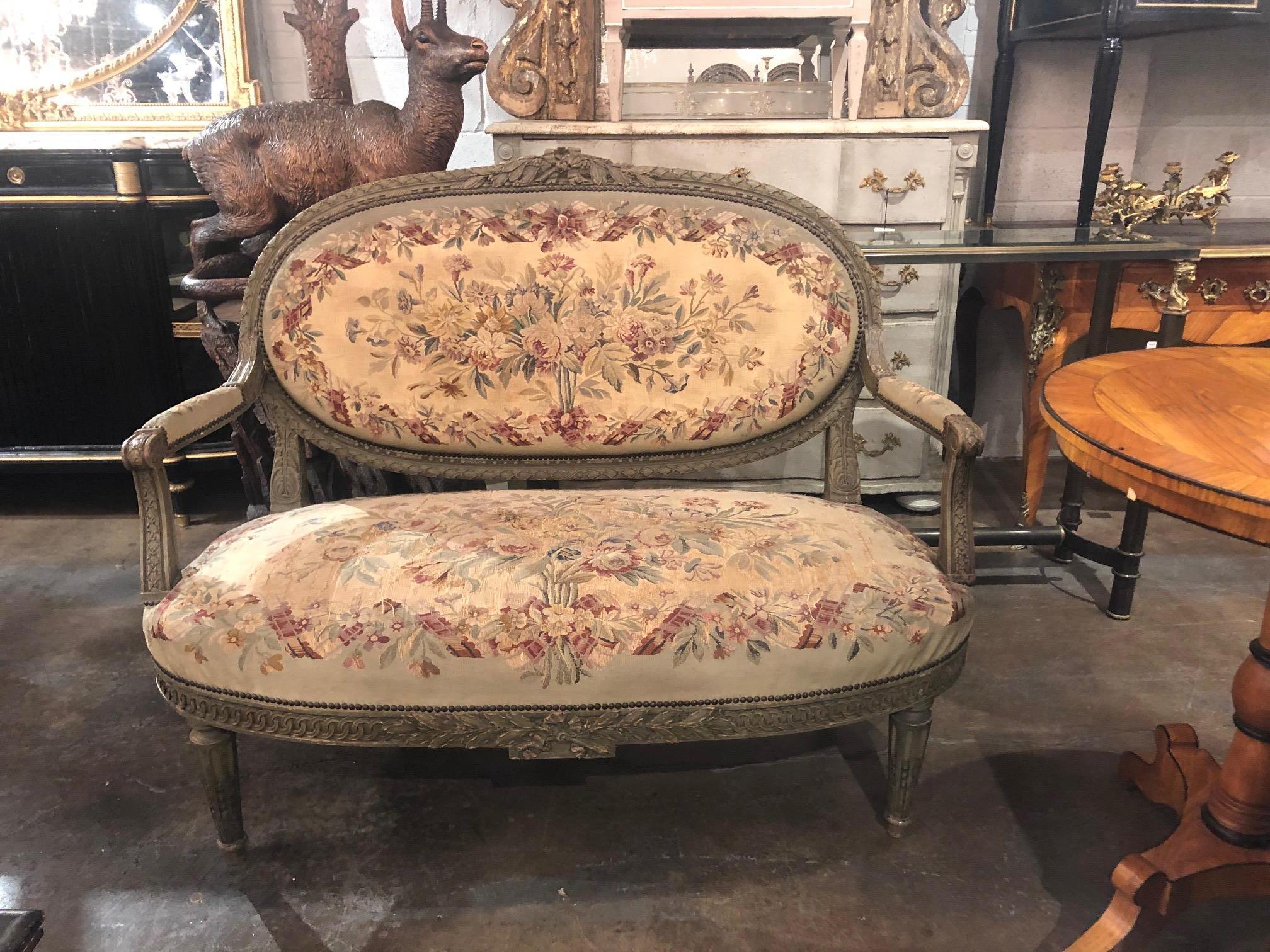 19th Century French Louis XVI Aubusson Settee In Good Condition In Dallas, TX