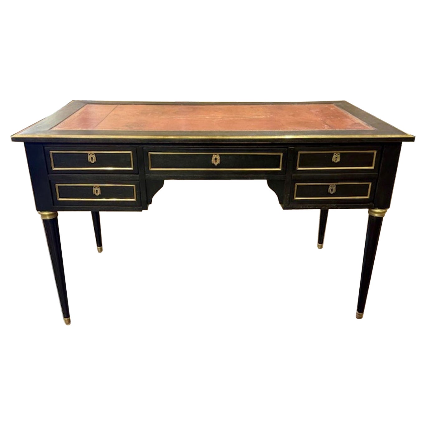 Französischer Louis XVI-Schreibtisch des 19. Jahrhunderts, schwarz lackiert, mit Lederplatte im Angebot