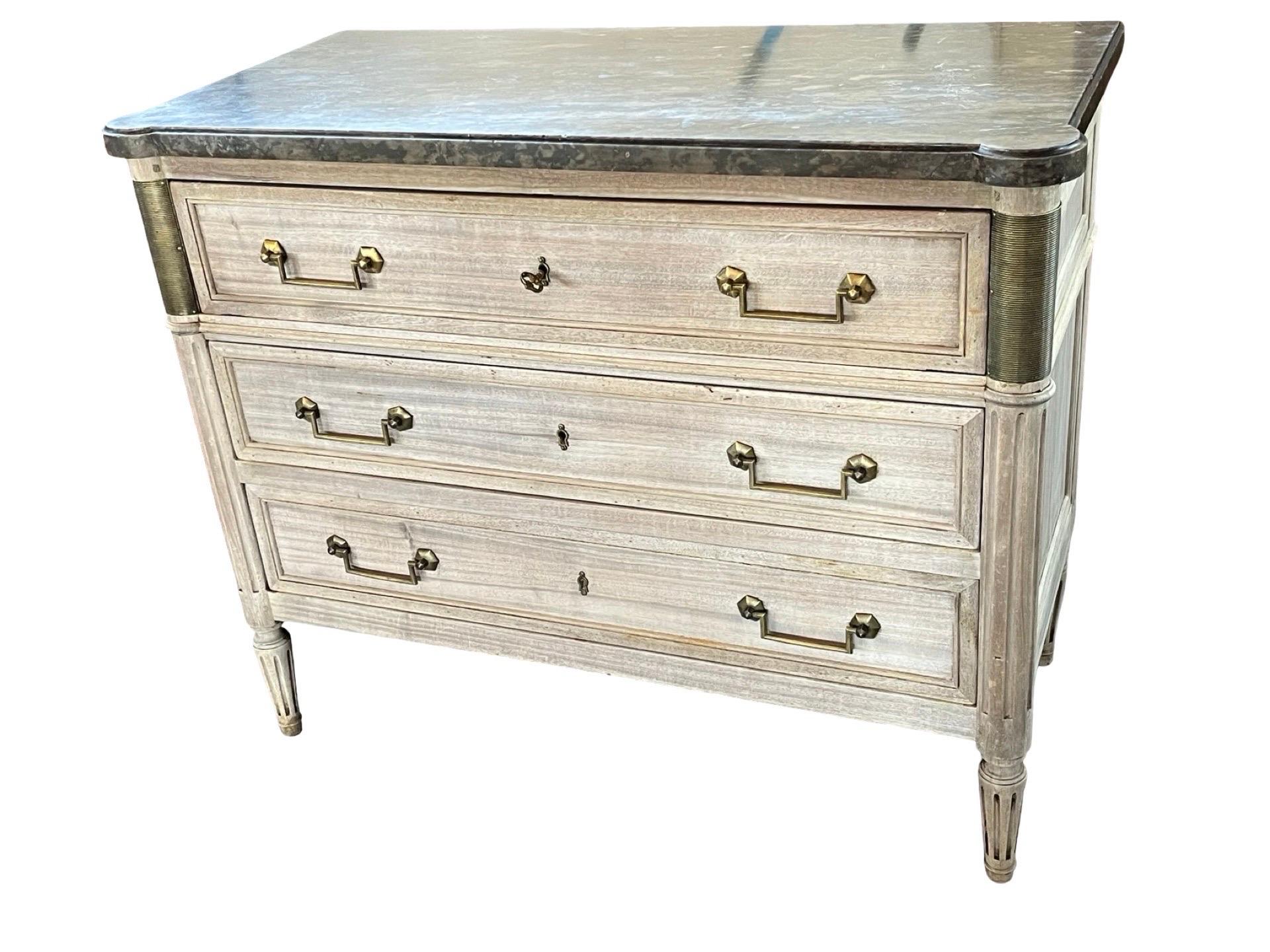 Hand-Carved 19th Century French Louis XVI Bleached Mahogany Secretaire / Commode With Marble For Sale