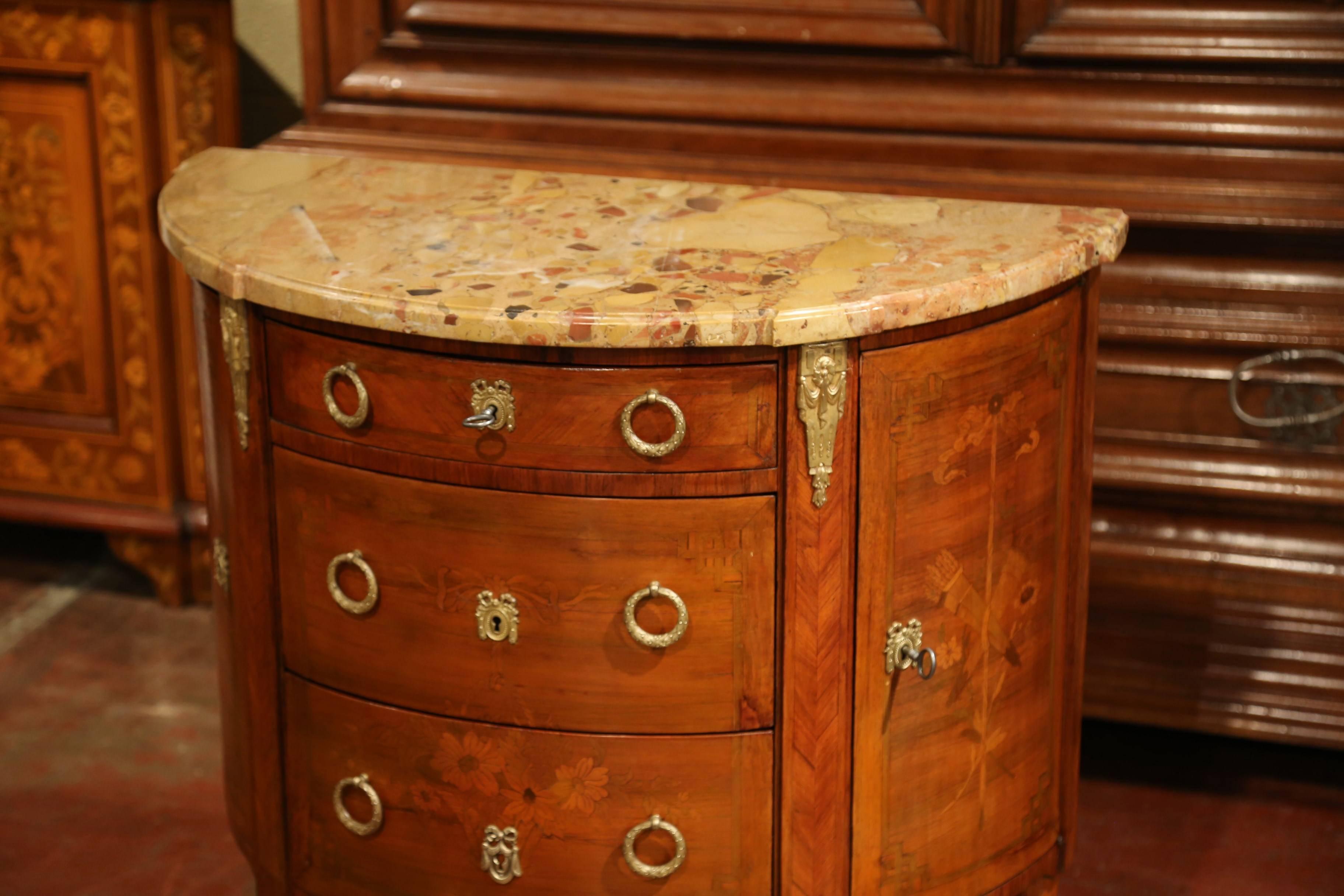 Hand-Carved 19th Century French Louis XVI Bombe Demilune Marquetry Commode with Marble Top