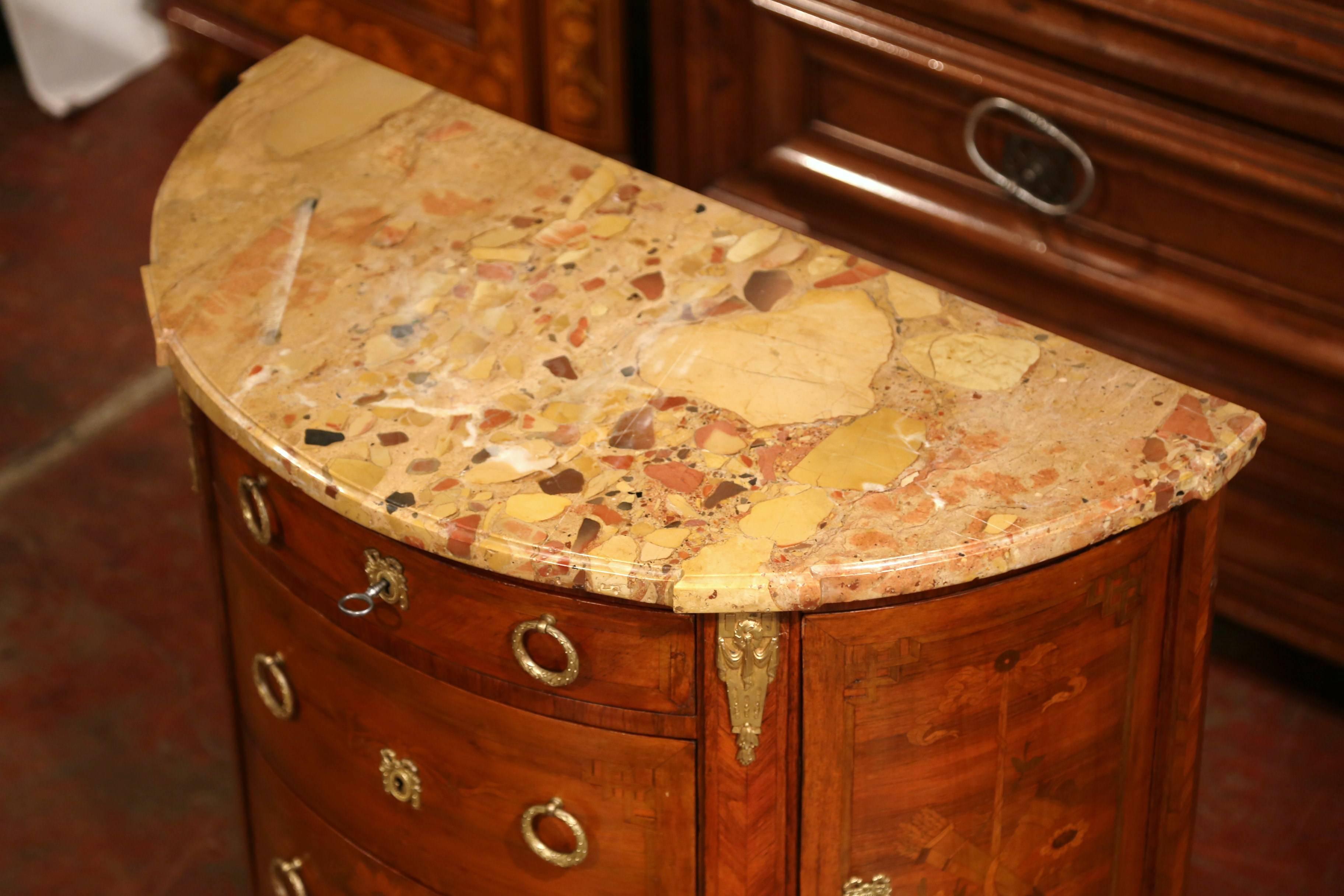 19th Century French Louis XVI Bombe Demilune Marquetry Commode with Marble Top In Excellent Condition In Dallas, TX