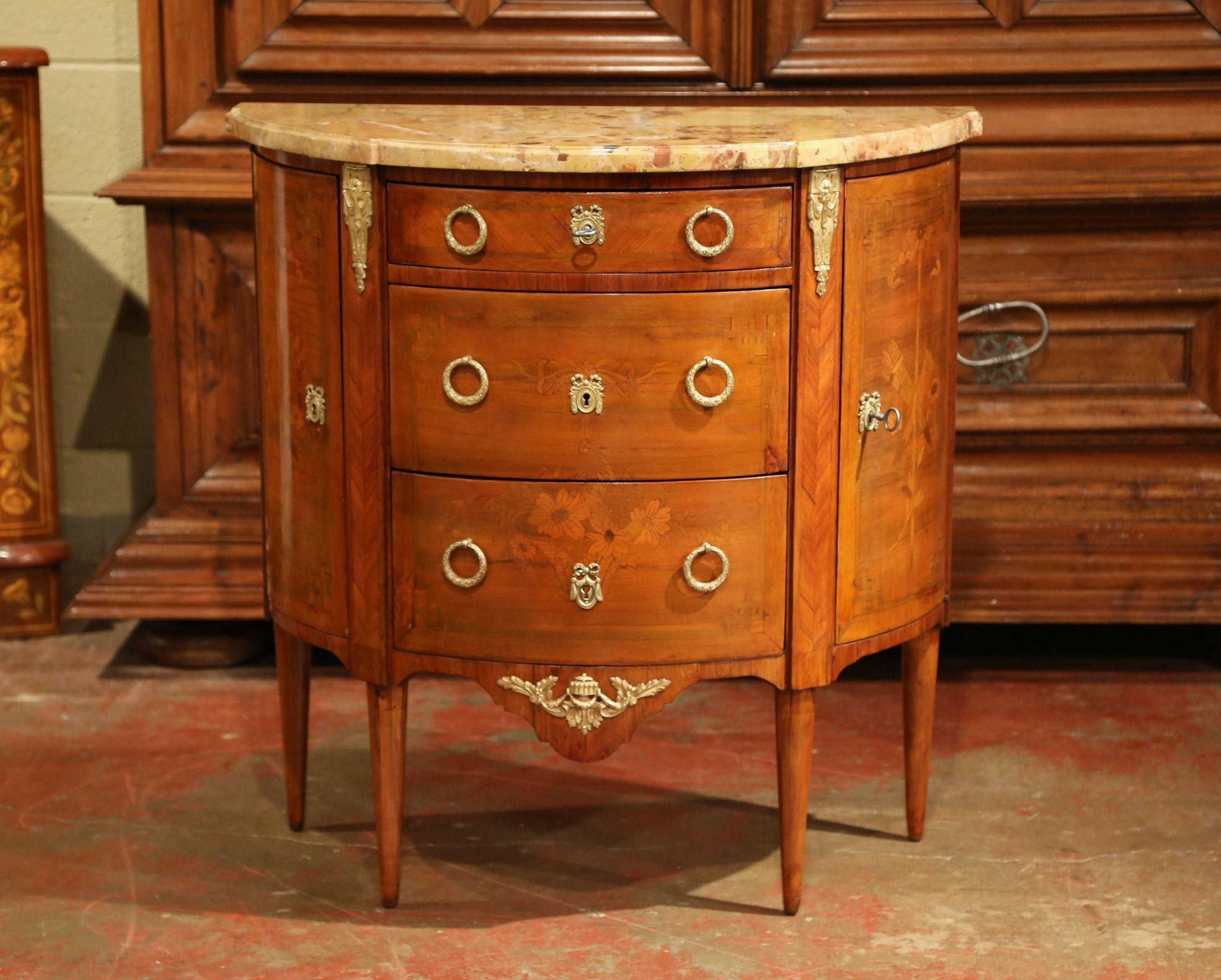 Bronze 19th Century French Louis XVI Bombe Demilune Marquetry Commode with Marble Top