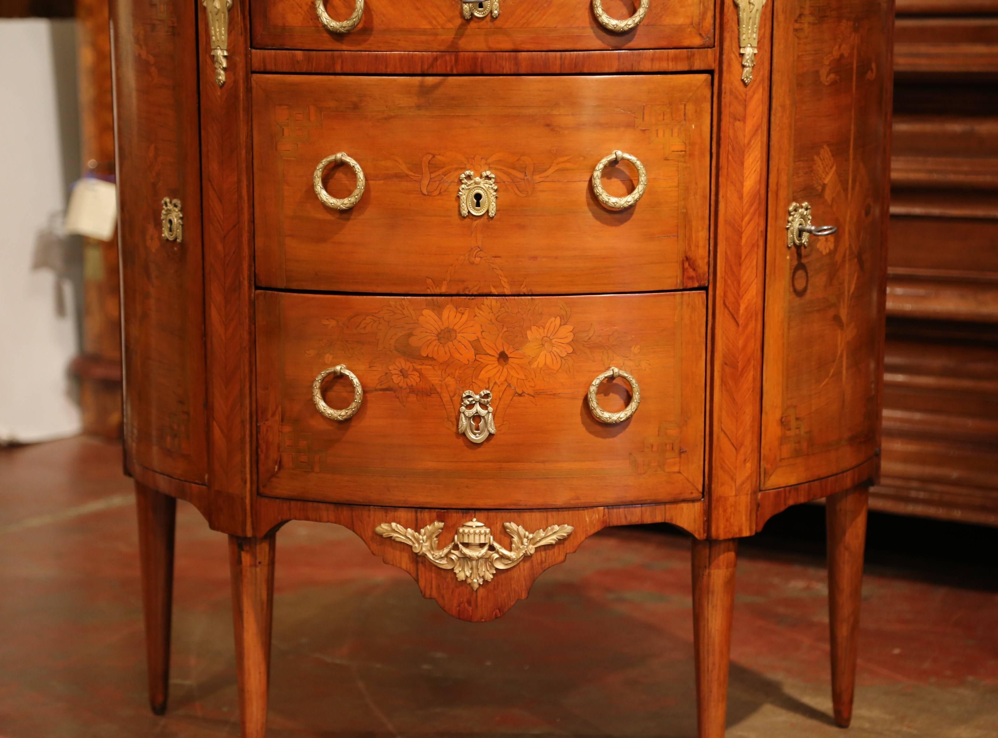 19th Century French Louis XVI Bombe Demilune Marquetry Commode with Marble Top 1