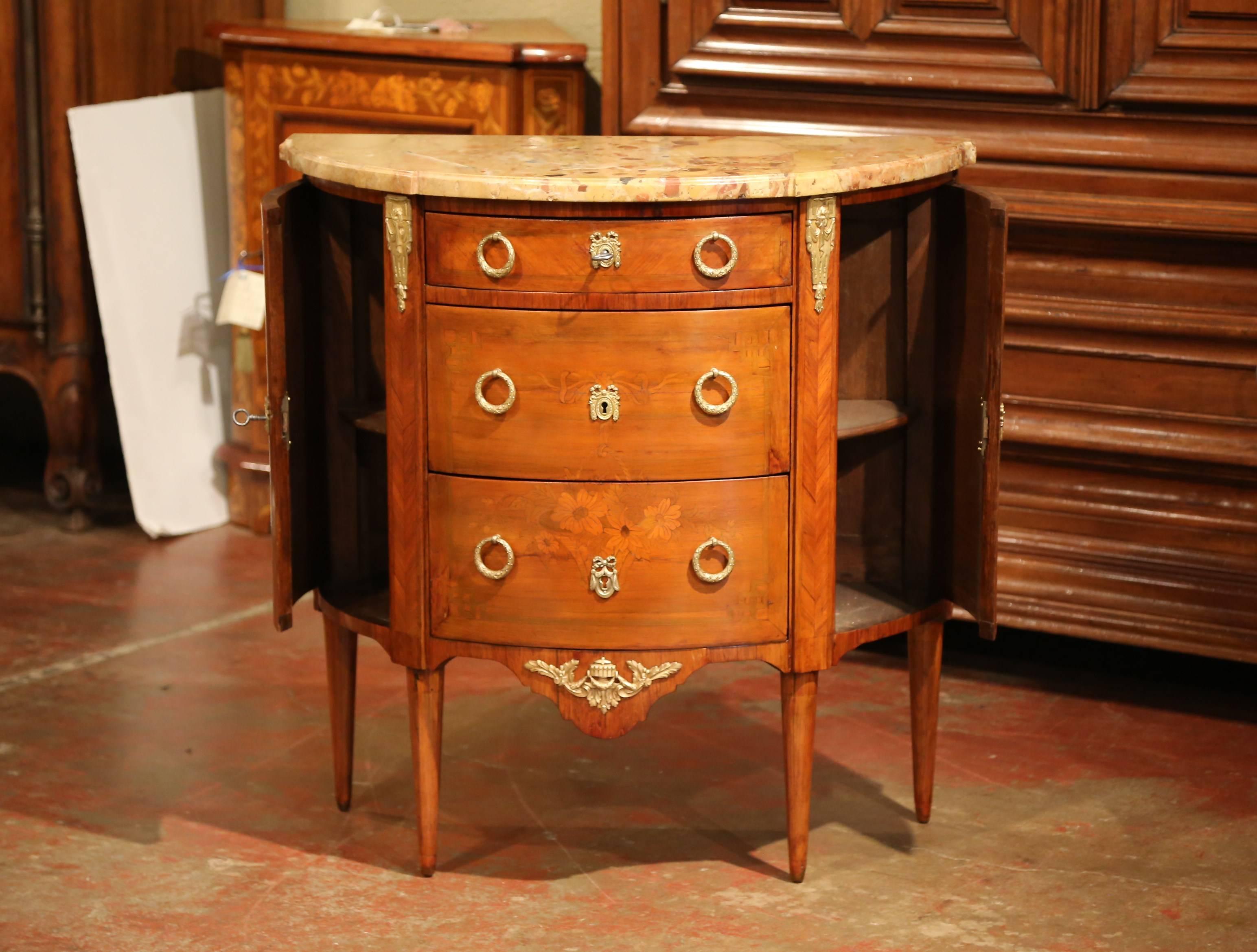 19th Century French Louis XVI Bombe Demilune Marquetry Commode with Marble Top 2