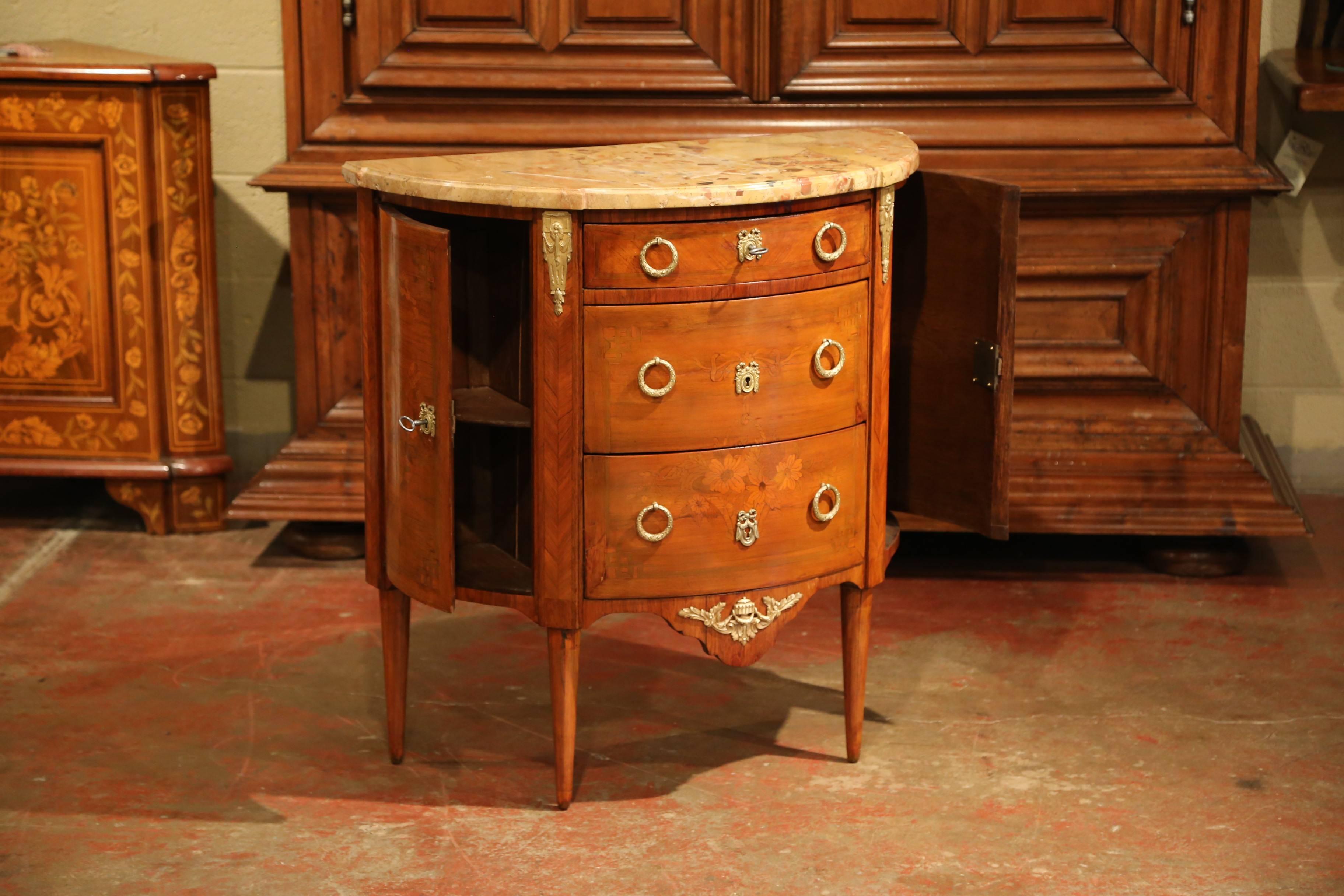 19th Century French Louis XVI Bombe Demilune Marquetry Commode with Marble Top 3