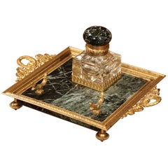 19th Century French Louis XVI Brass and Green Marble Inkwell Antique 19th Century French Louis XVI Brass and Green Marble Inkwell