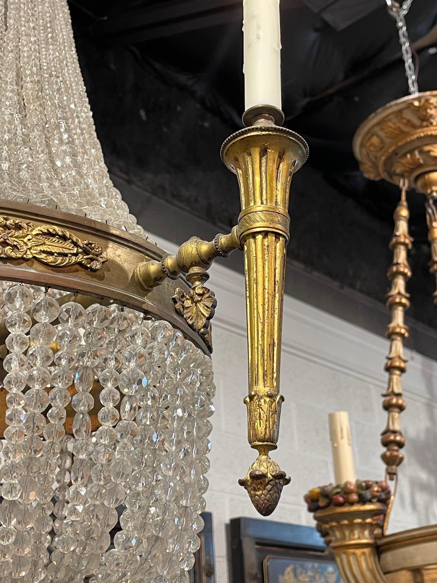 19th Century French Louis XVI Bronze and Crystal 6 Light Basket Chandelier In Good Condition For Sale In Dallas, TX