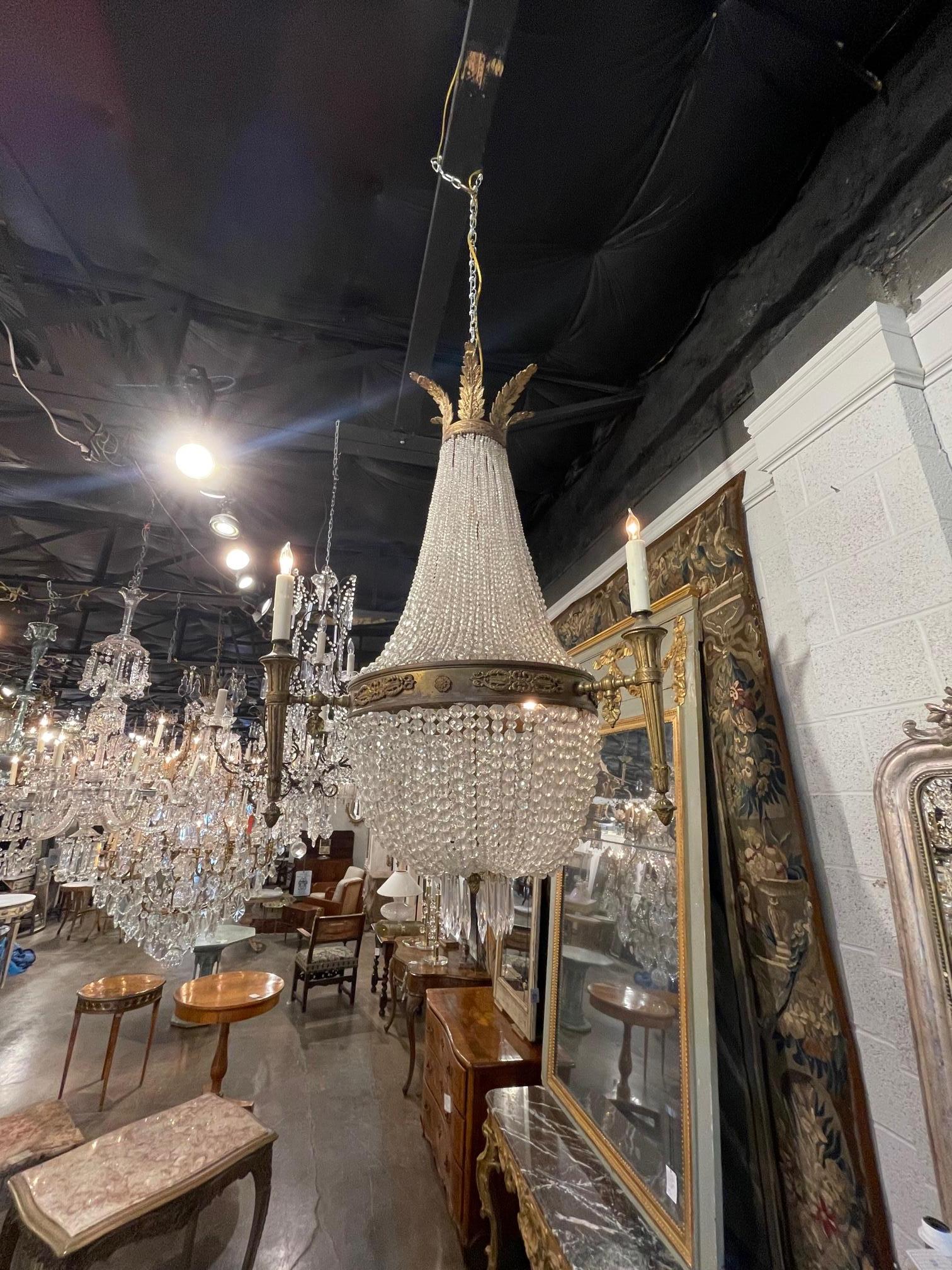 19th Century French Louis XVI Bronze and Crystal 6 Light Basket Chandelier For Sale 4