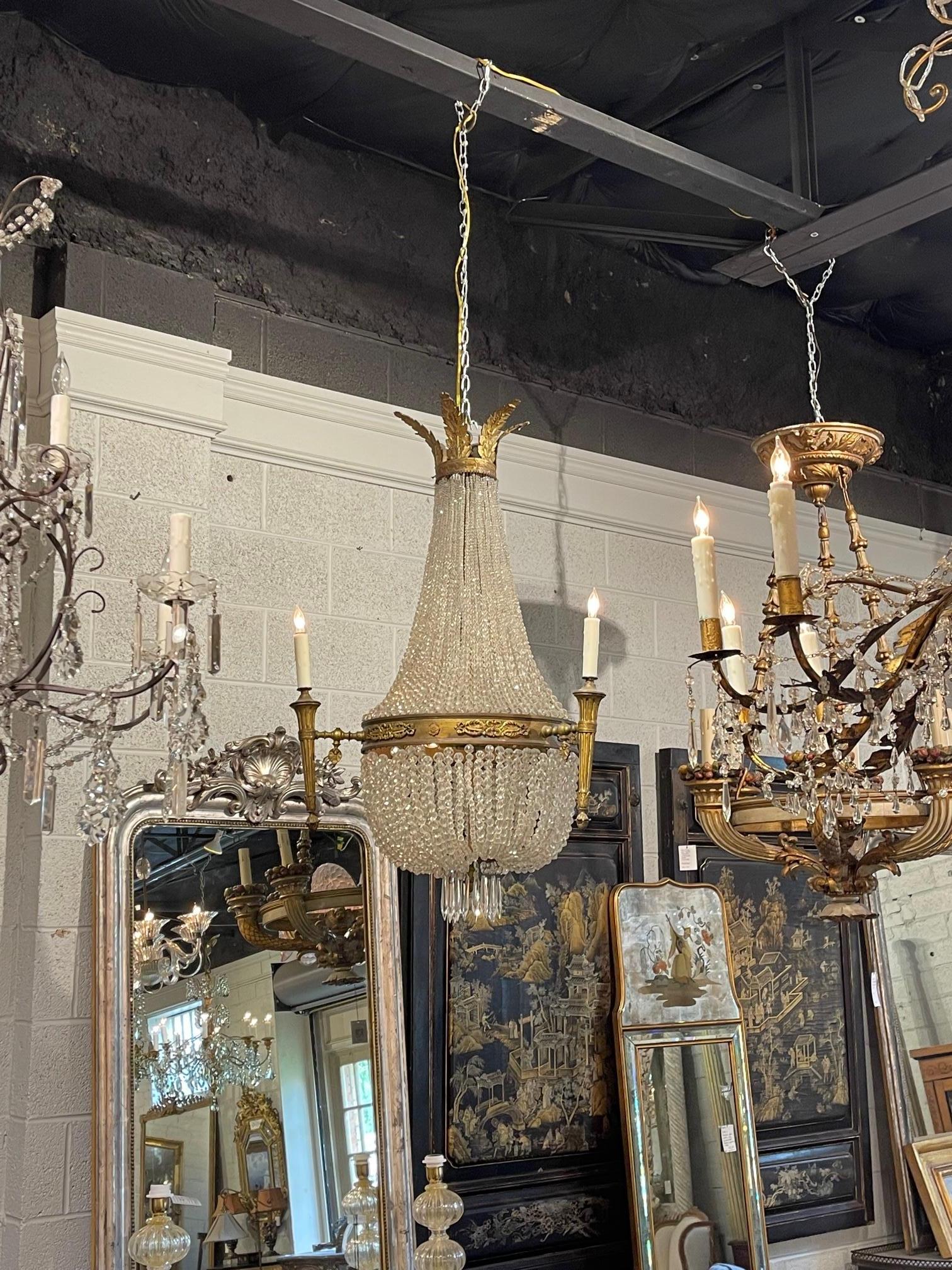 19th Century French Louis XVI Bronze and Crystal 6 Light Basket Chandelier For Sale 5