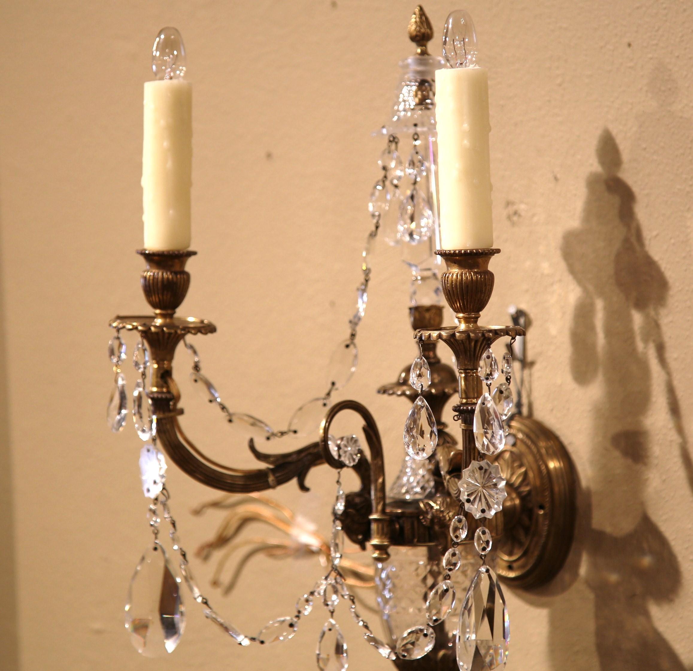 Hand-Crafted 19th Century French Louis XVI Bronze and Cut-Glass Two-Light Sconce For Sale