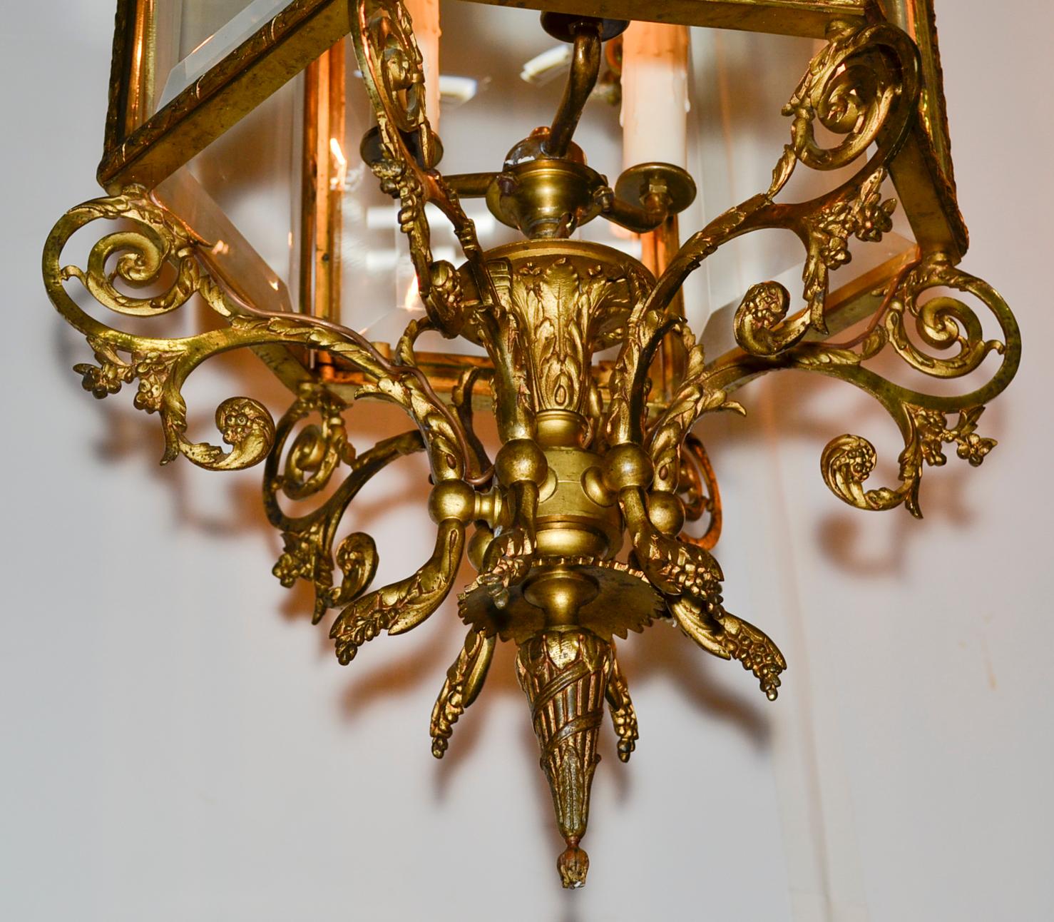 Quality 19th century French Louis XVI gilt bronze lantern with beveled glass panels.