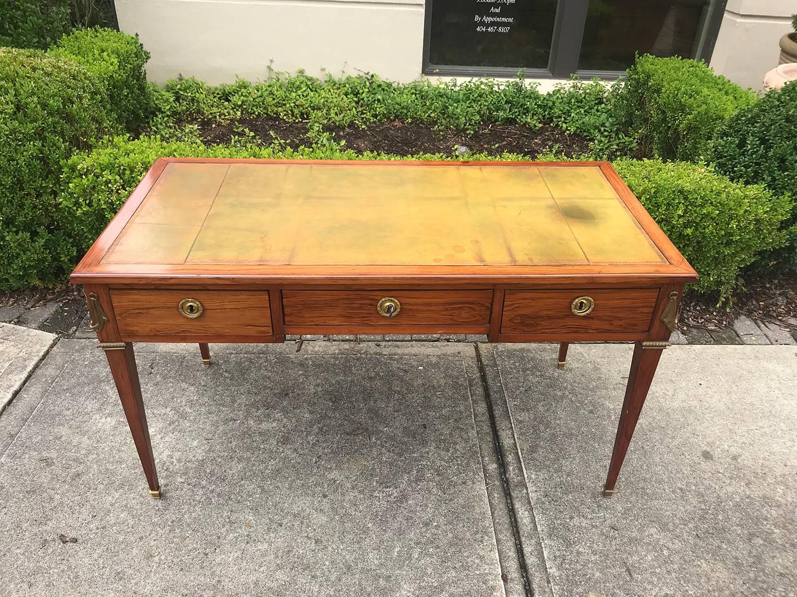 18th Century French Louis XVI Bureau Plat with Green Leather Top, Signed In Good Condition For Sale In Atlanta, GA