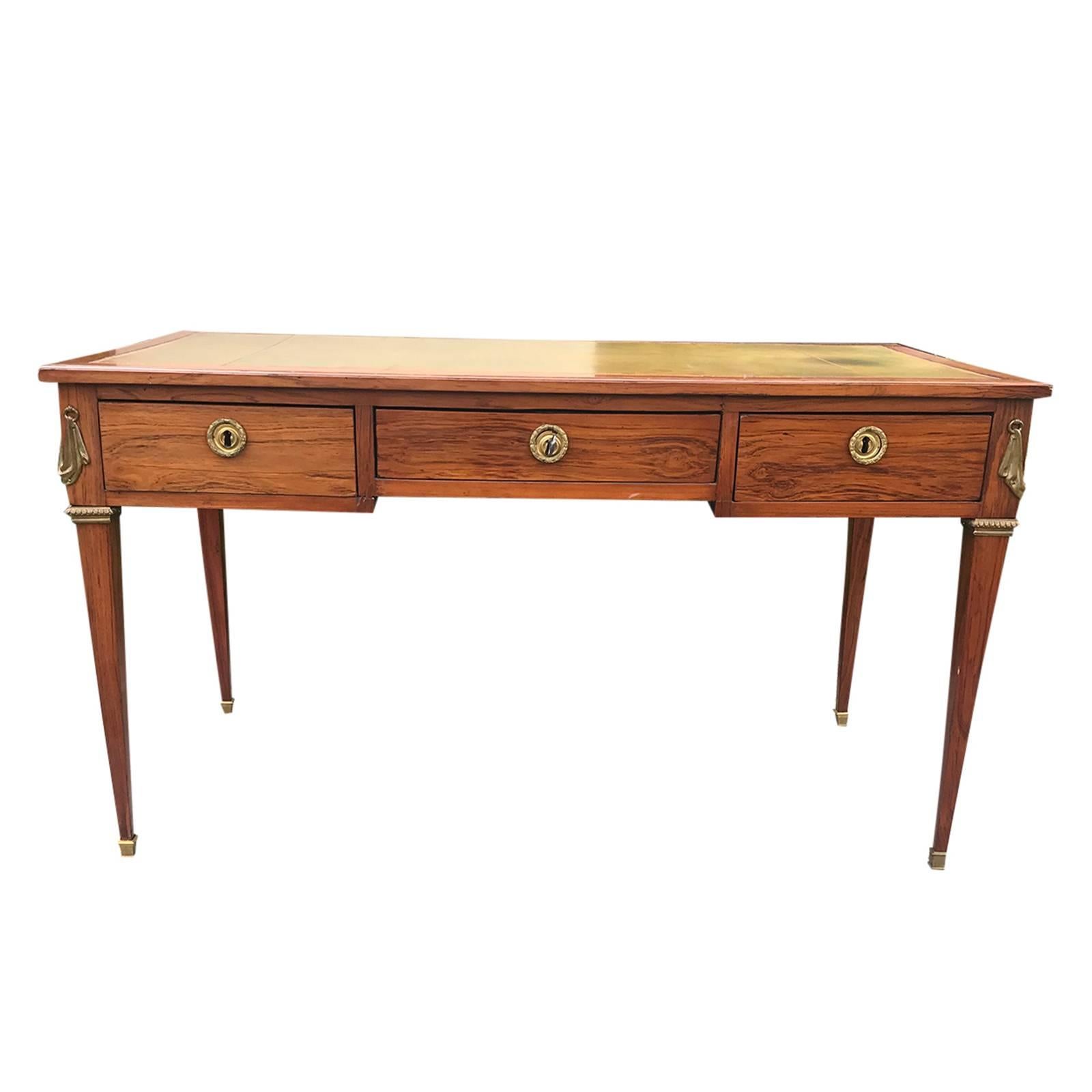 18th Century French Louis XVI Bureau Plat with Green Leather Top, Signed For Sale