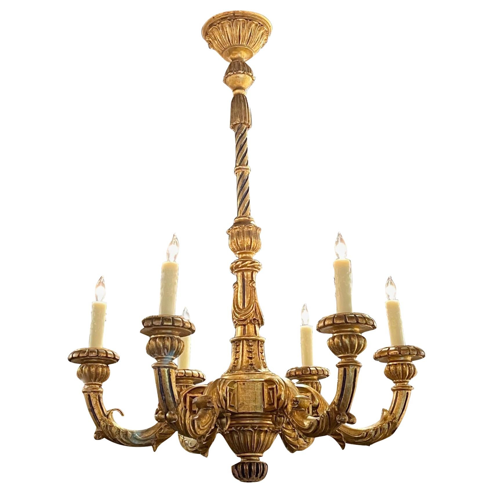 19th Century French Louis XVI Carved and Giltwood 6 Light Chandelier