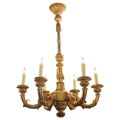 Lustre français Louis XVI du 19ème siècle à 6 feux en bois sculpté et doré