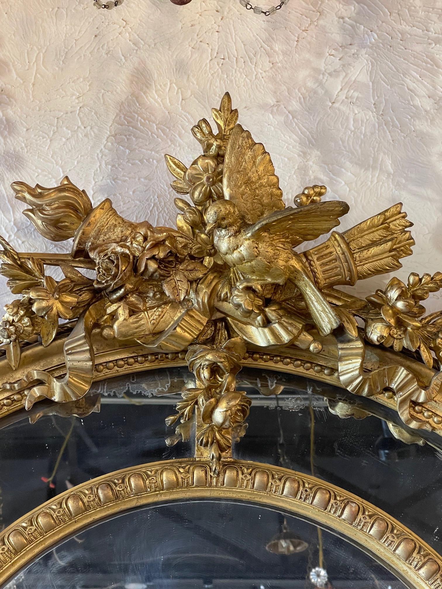 19th Century French Louis XVI Carved and Giltwood Mirror with Birds In Good Condition In Dallas, TX