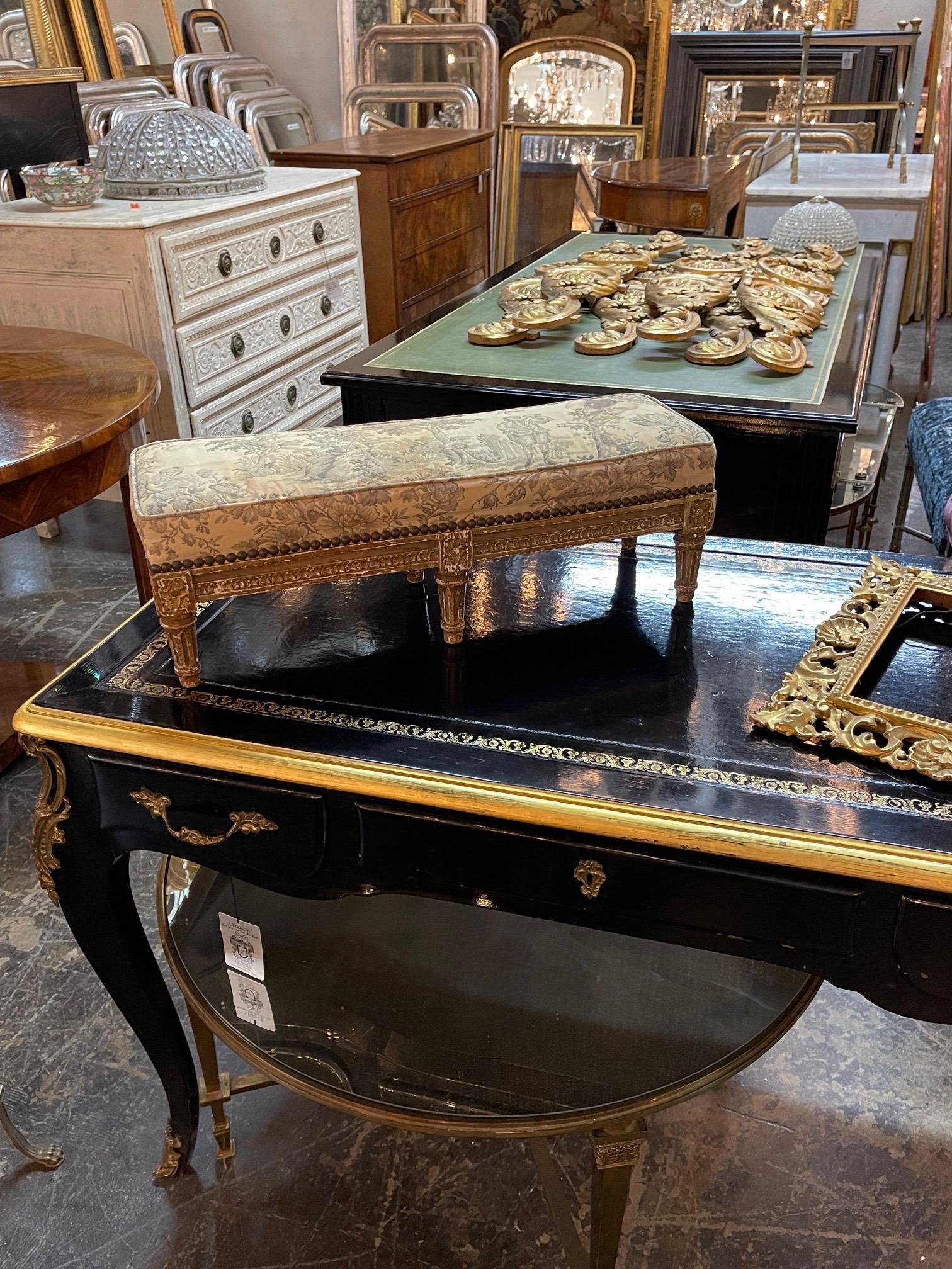 Lovely 19th century French Louis XVI carved and giltwood stool. Very fine carvings and beautiful upholstery. So pretty!!