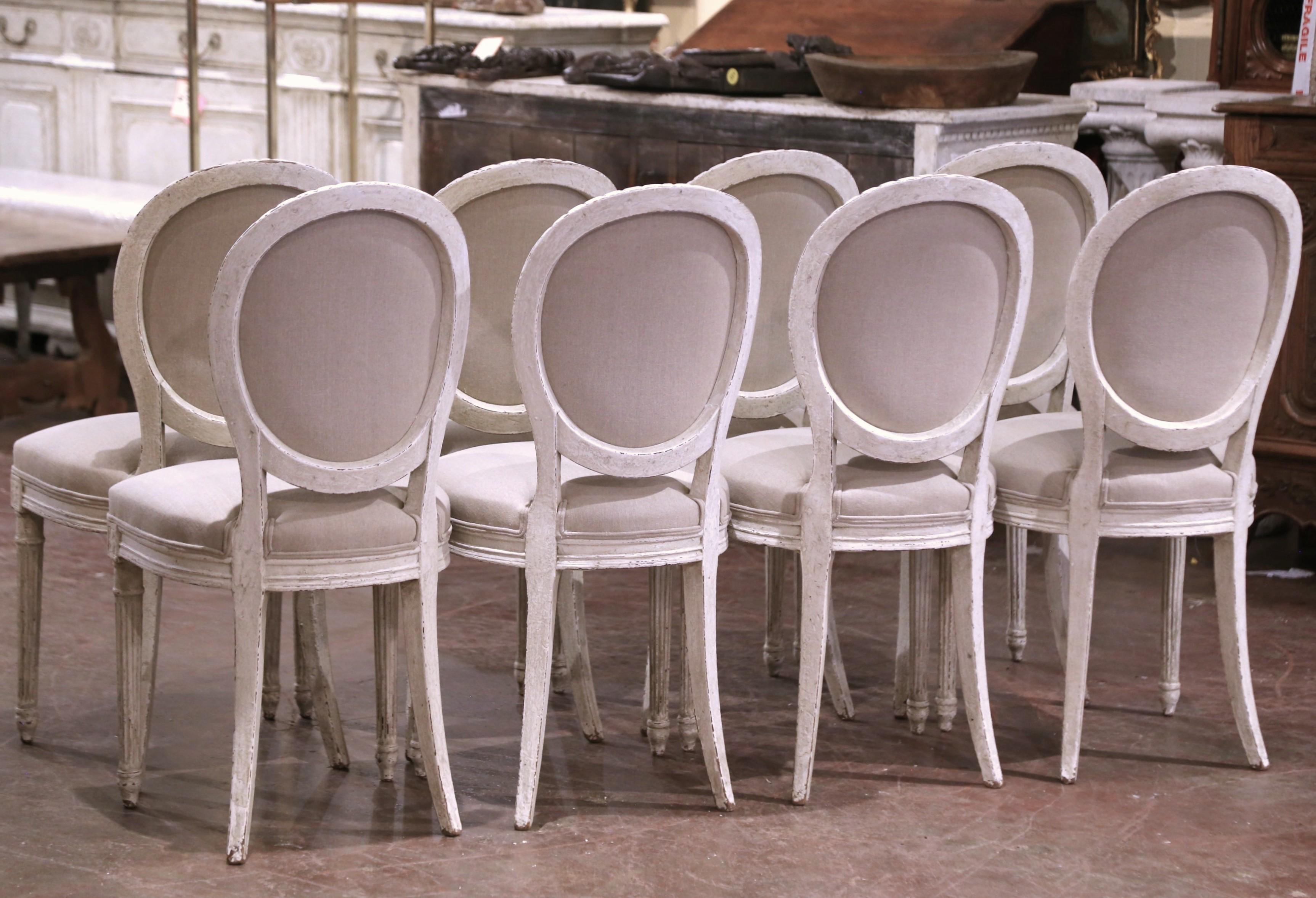Tissu 19th Century French Louis XVI Carved and Painted Dining Chairs, Suite of Eight en vente