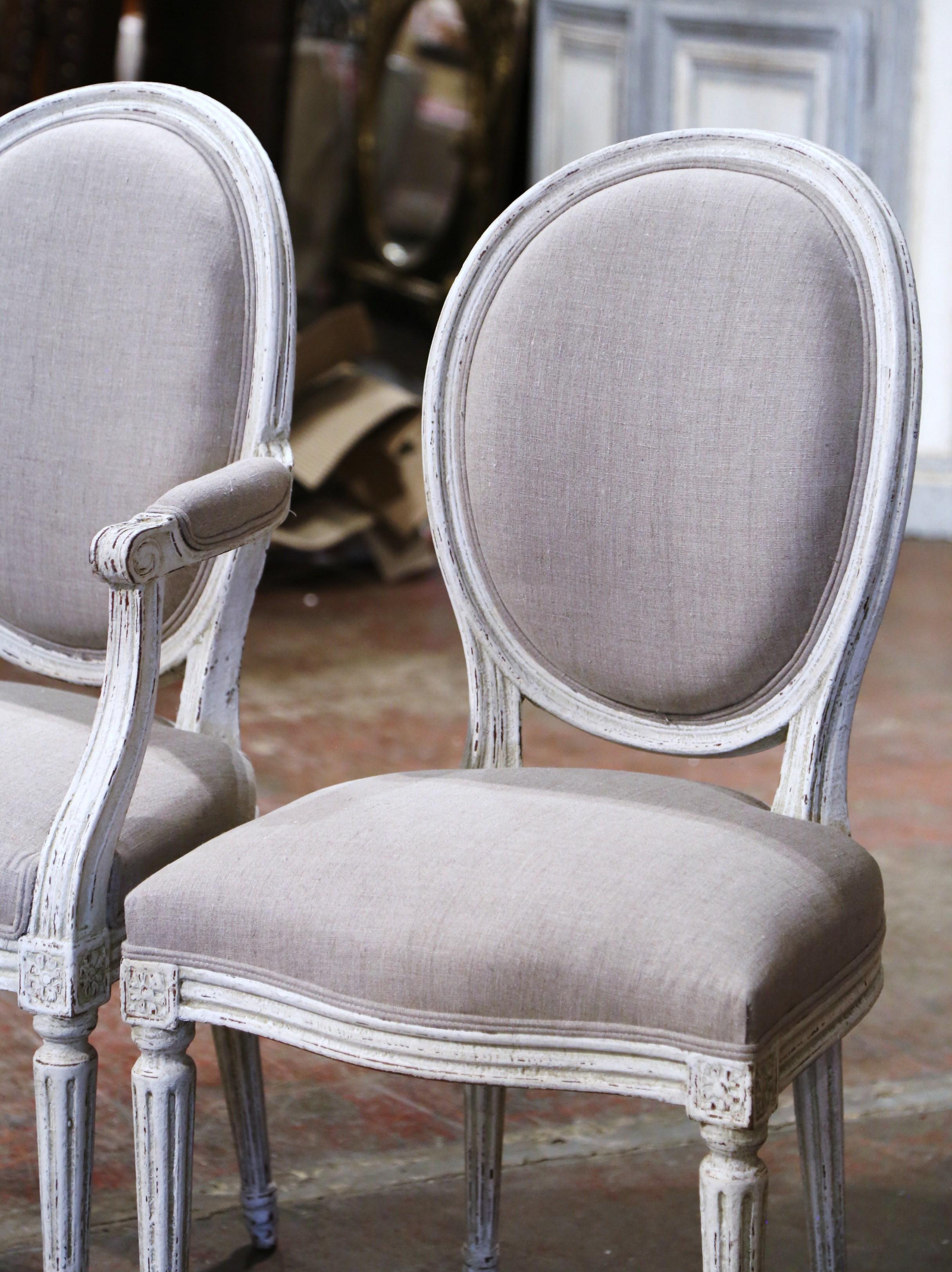 19th Century French Louis XVI Carved and Painted Dining Chairs, Suite of Ten For Sale 6