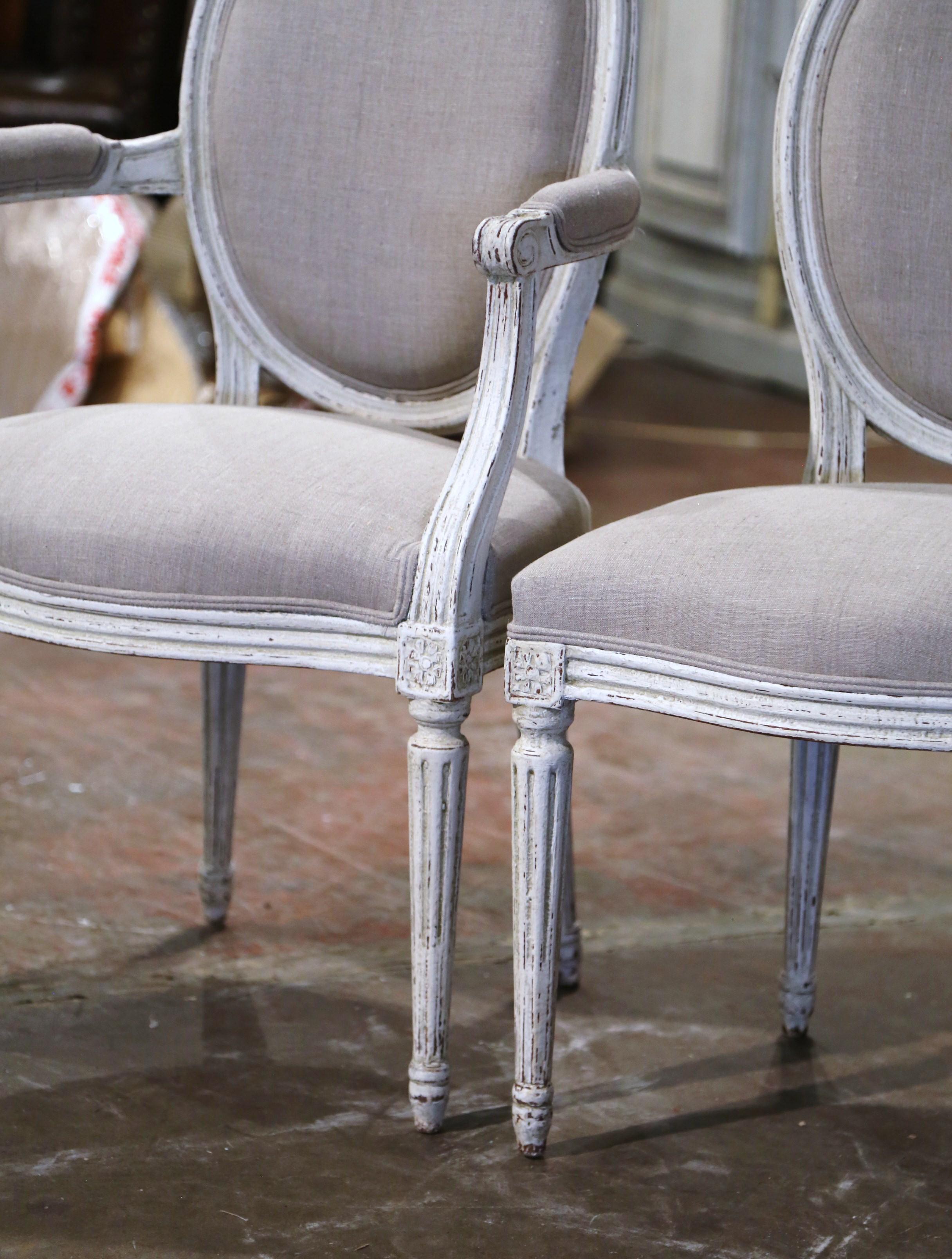 19th Century French Louis XVI Carved and Painted Dining Chairs, Suite of Ten For Sale 7