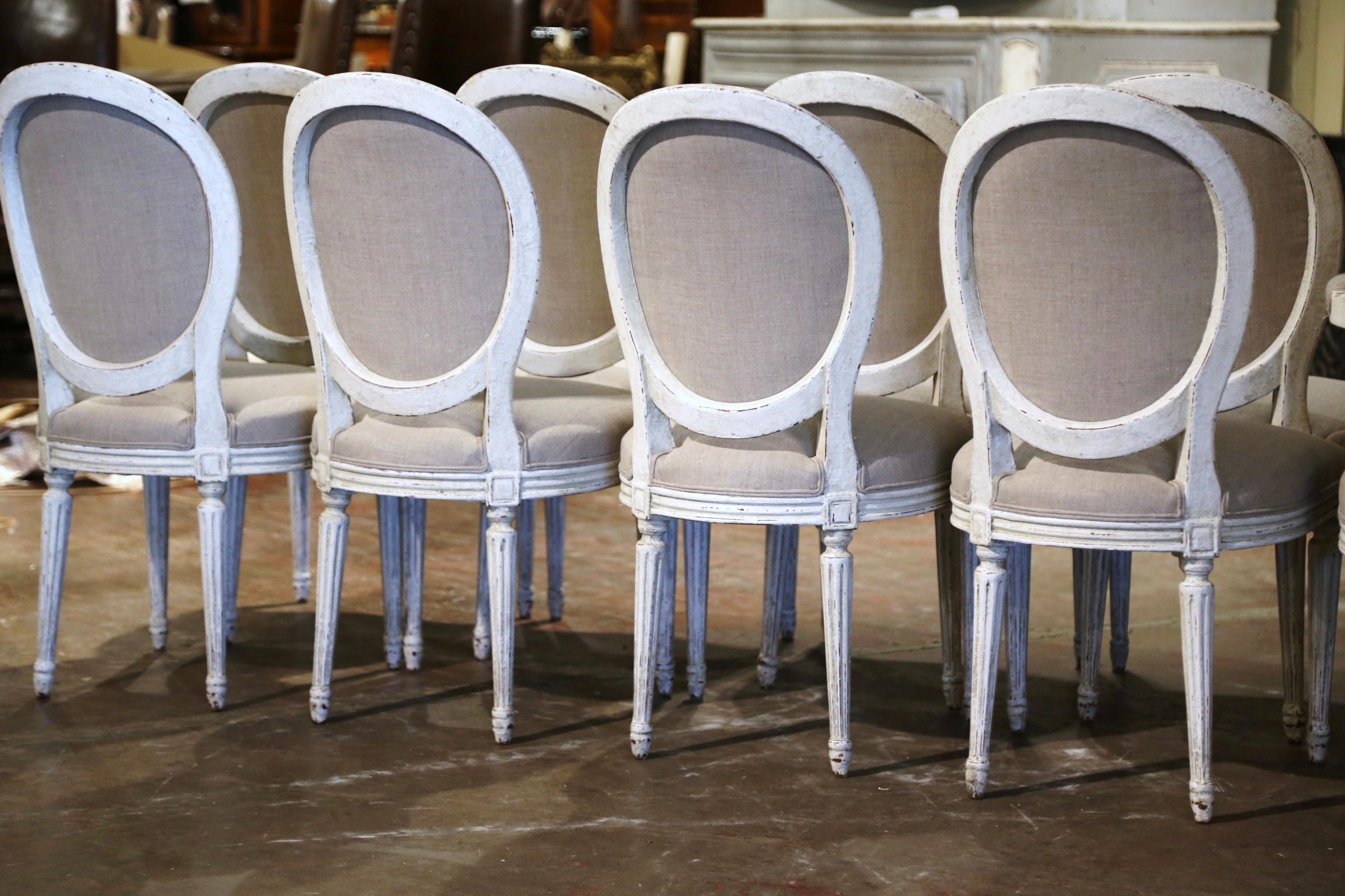 19th Century French Louis XVI Carved and Painted Dining Chairs, Suite of Ten For Sale 9