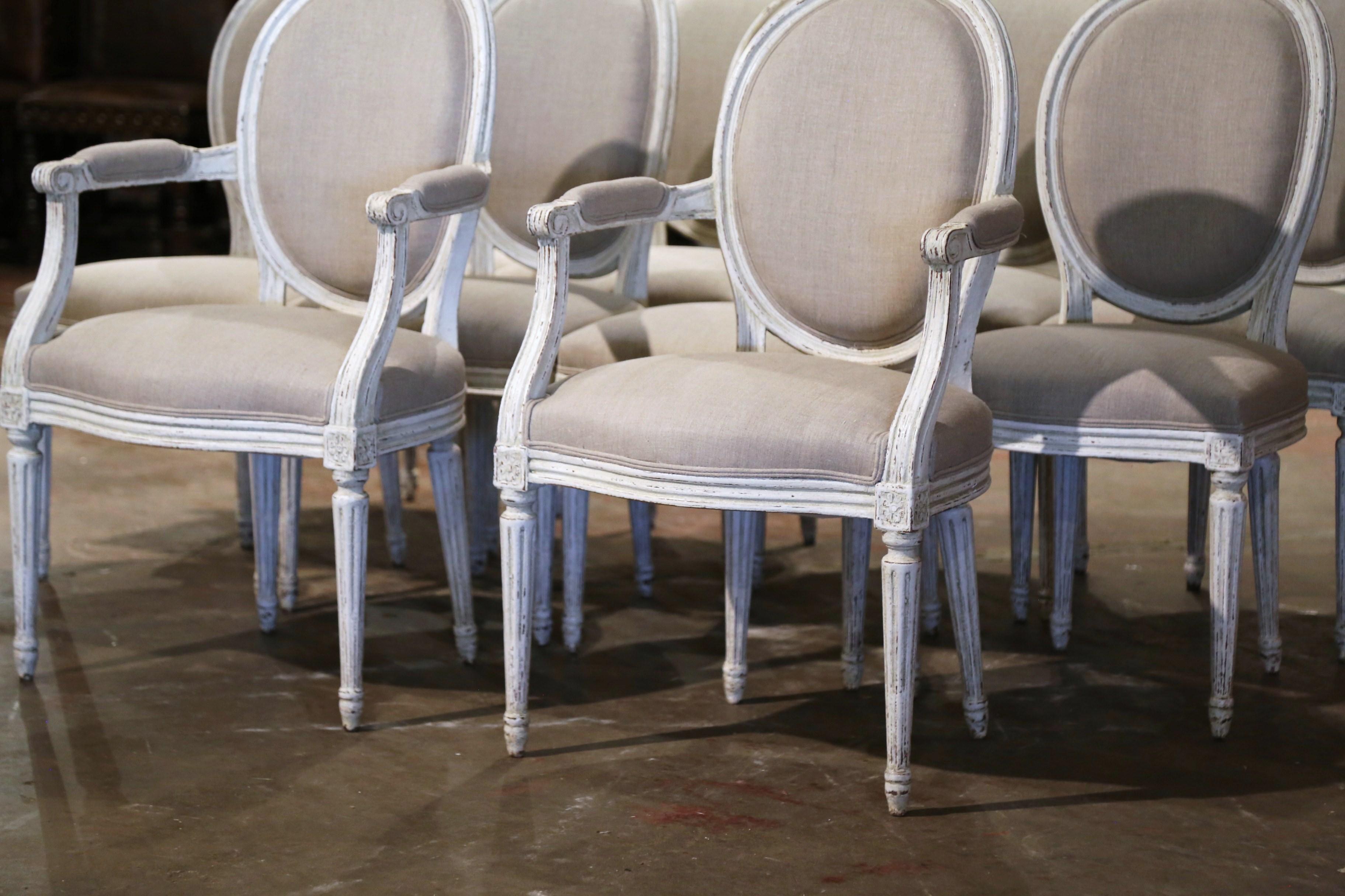 Hand-Carved 19th Century French Louis XVI Carved and Painted Dining Chairs, Suite of Ten For Sale