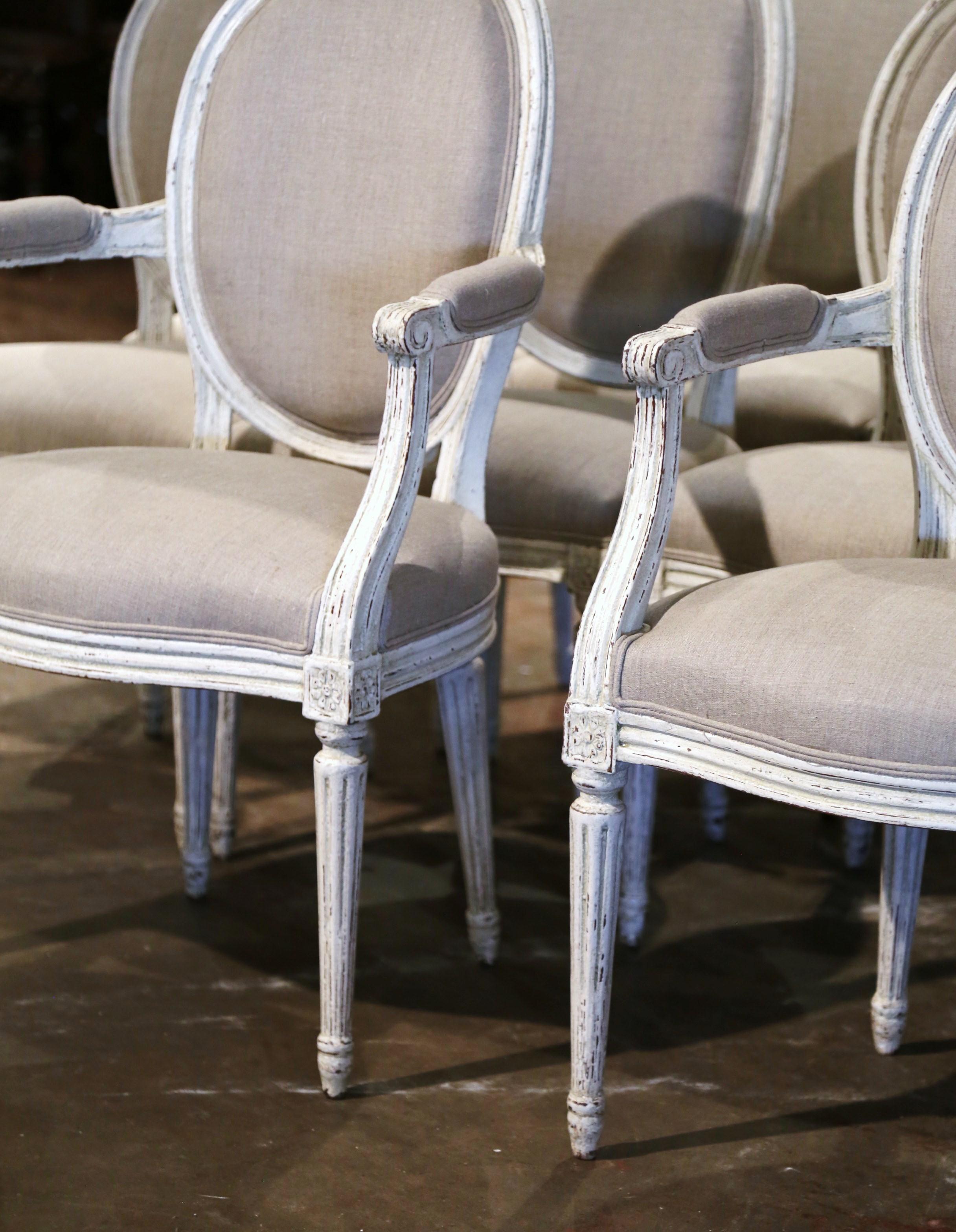 19th Century French Louis XVI Carved and Painted Dining Chairs, Suite of Ten In Excellent Condition For Sale In Dallas, TX