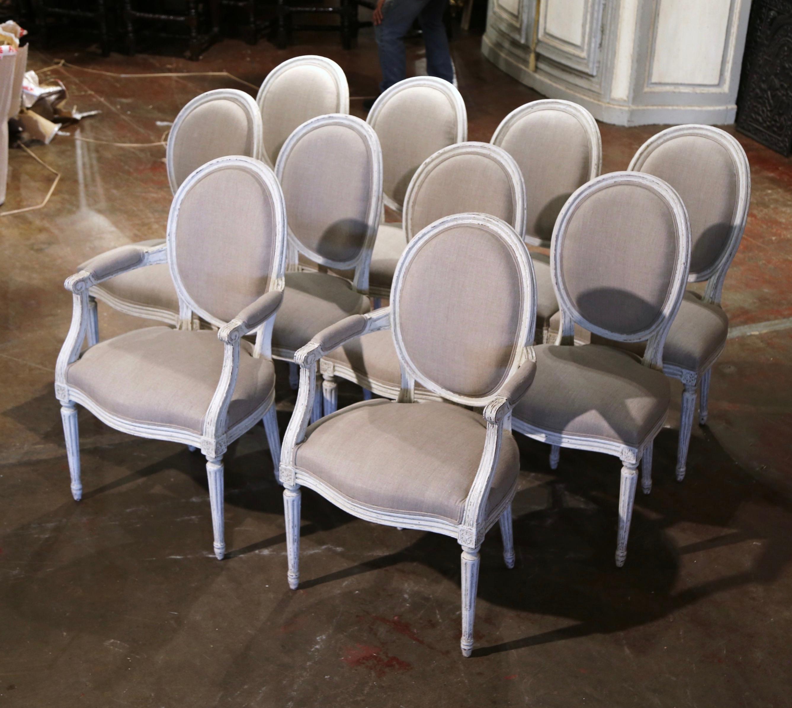 Fabric 19th Century French Louis XVI Carved and Painted Dining Chairs, Suite of Ten For Sale