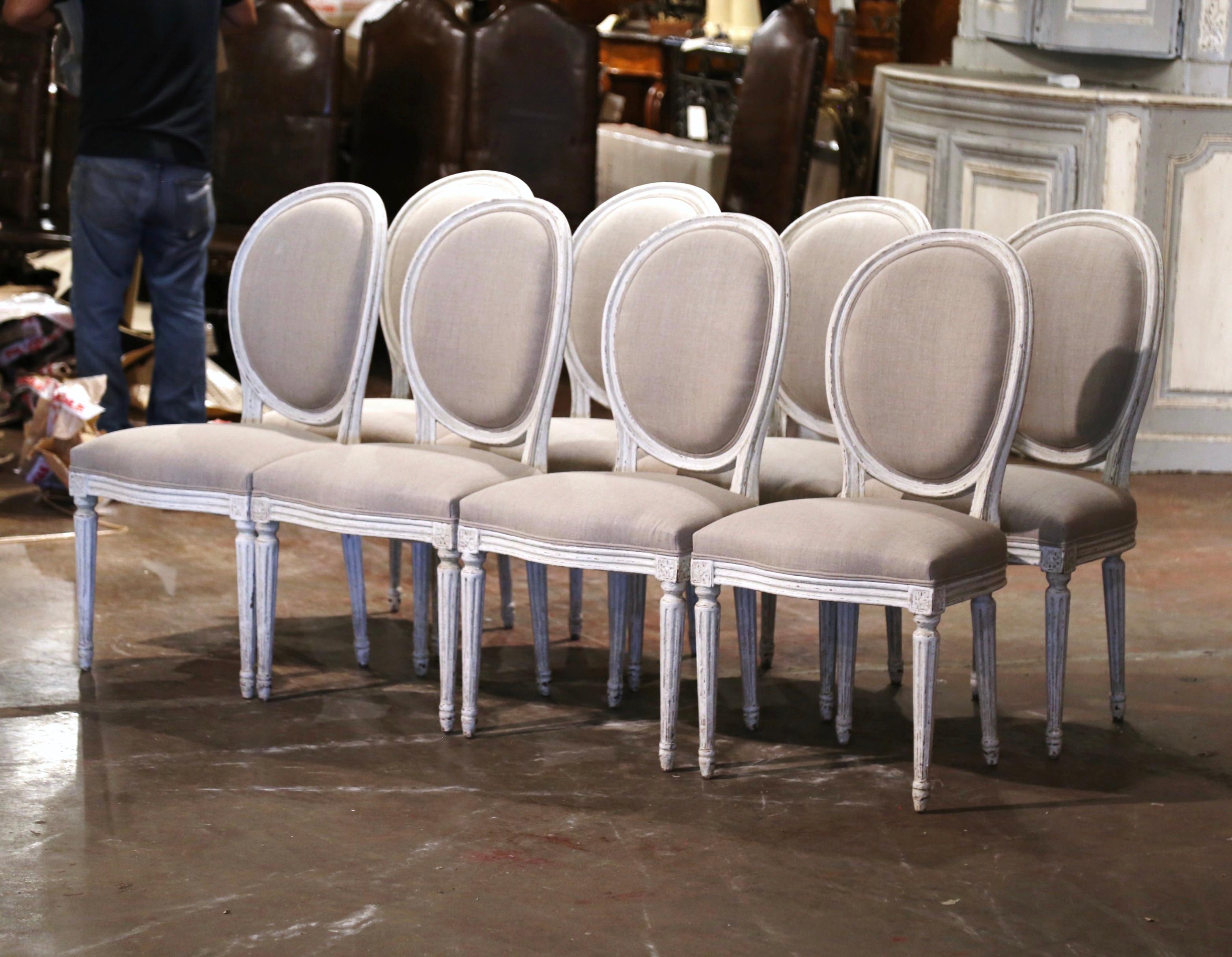 19th Century French Louis XVI Carved and Painted Dining Chairs, Suite of Ten For Sale 1