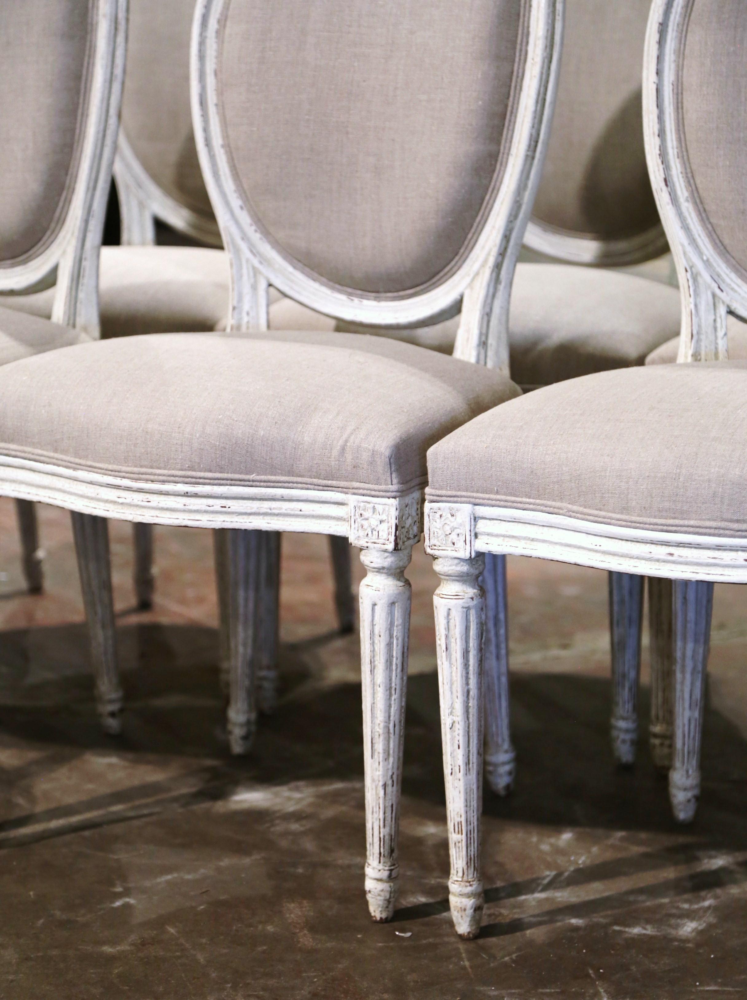 19th Century French Louis XVI Carved and Painted Dining Chairs, Suite of Ten For Sale 3