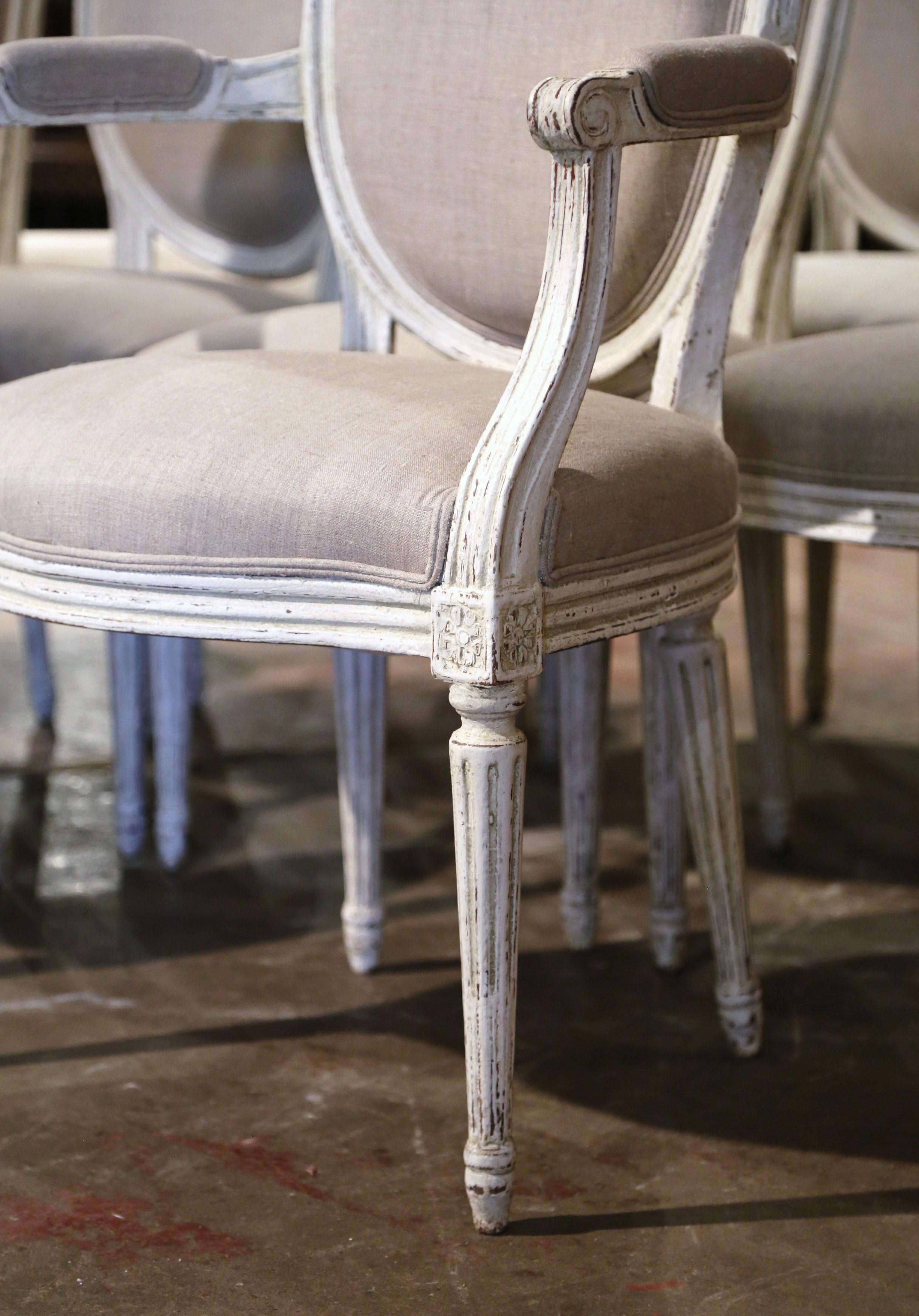 19th Century French Louis XVI Carved and Painted Dining Chairs, Suite of Ten For Sale 4