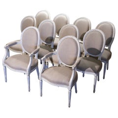 19th Century French Louis XVI Carved and Painted Dining Chairs, Suite of Ten
