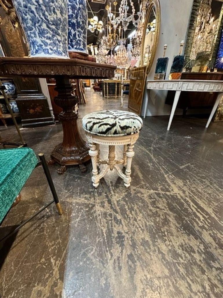 19th Century French Louis XVI Carved and Painted Stool with Tiger Upholstery In Good Condition For Sale In Dallas, TX