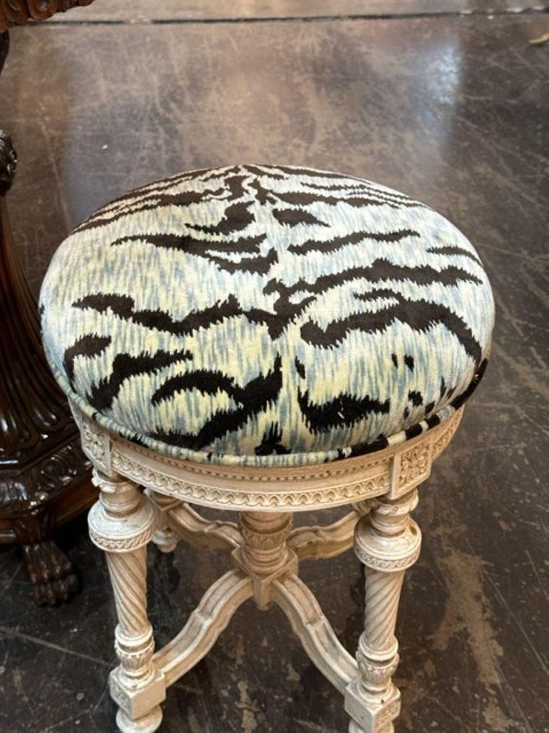 19th Century French Louis XVI Carved and Painted Stool with Tiger Upholstery For Sale 1