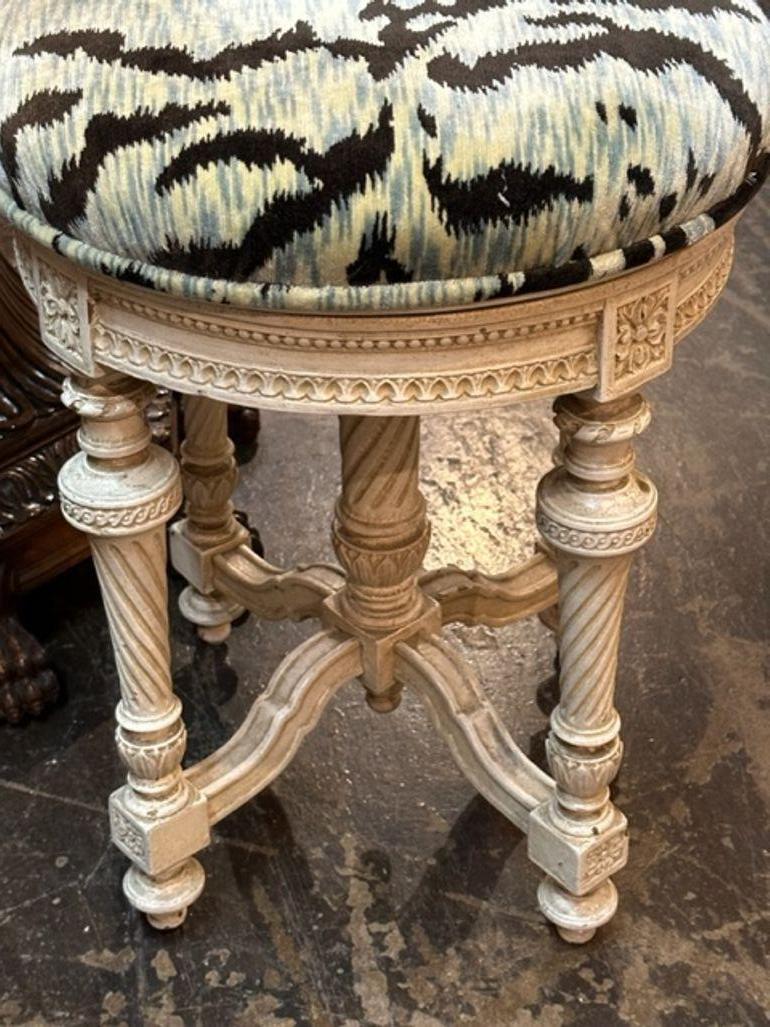 19th Century French Louis XVI Carved and Painted Stool with Tiger Upholstery For Sale 2