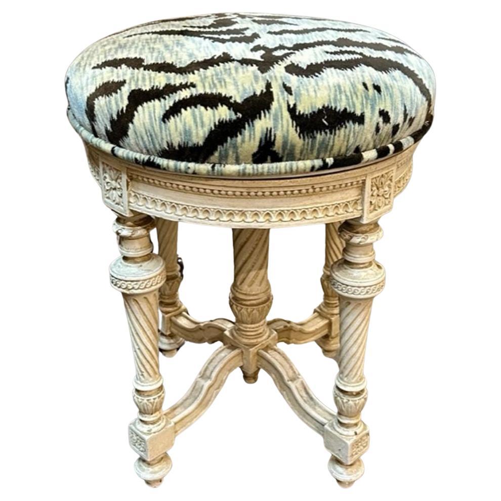 19th Century French Louis XVI Carved and Painted Stool with Tiger Upholstery For Sale