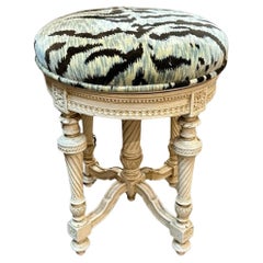 Antique 19th Century French Louis XVI Carved and Painted Stool with Tiger Upholstery