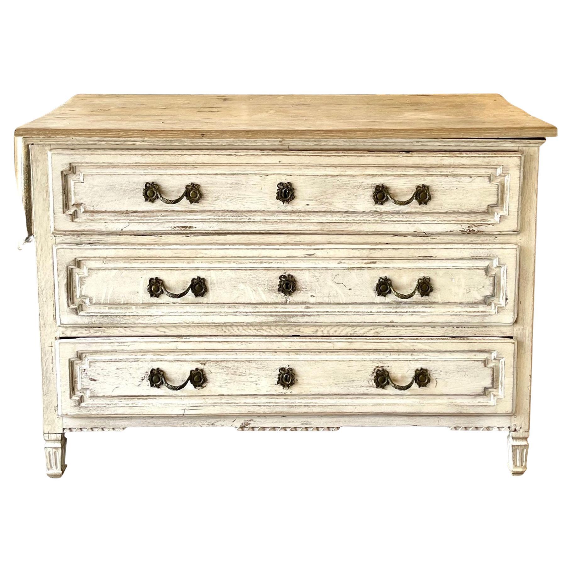 19th Century French Louis XVI Carved and White-Washed Commode For Sale