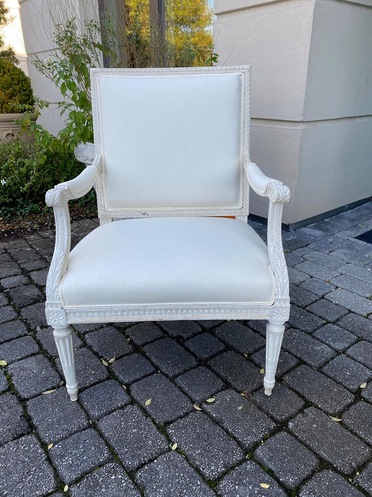 19th century French Louis XVI style finely carved fauteuil chair with custom painted finish.
Recovered in muslin
Measures: Seat: 18